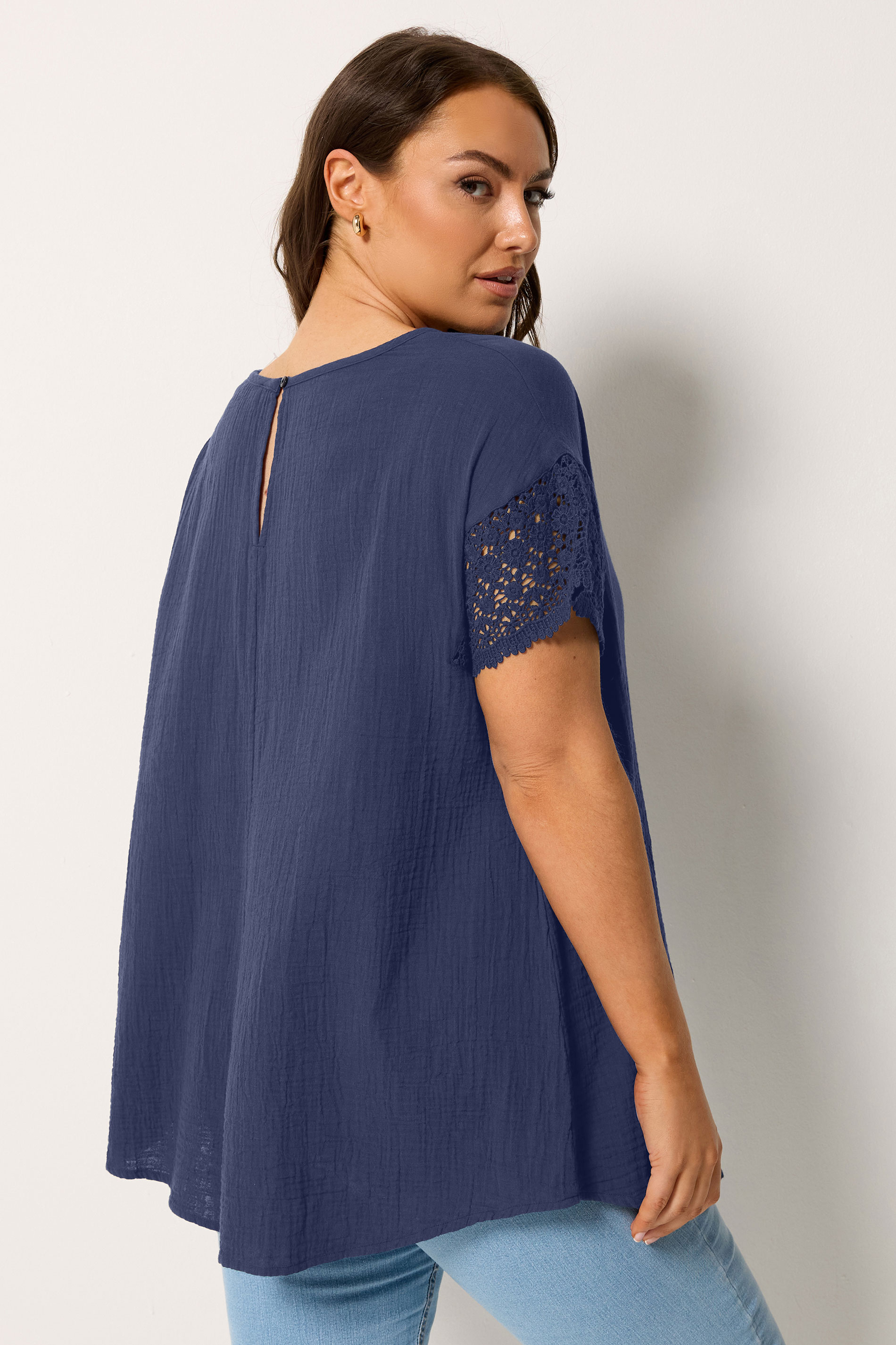 YOURS Plus Size Navy Blue Crochet Cheesecloth Top | Yours Clothing 2