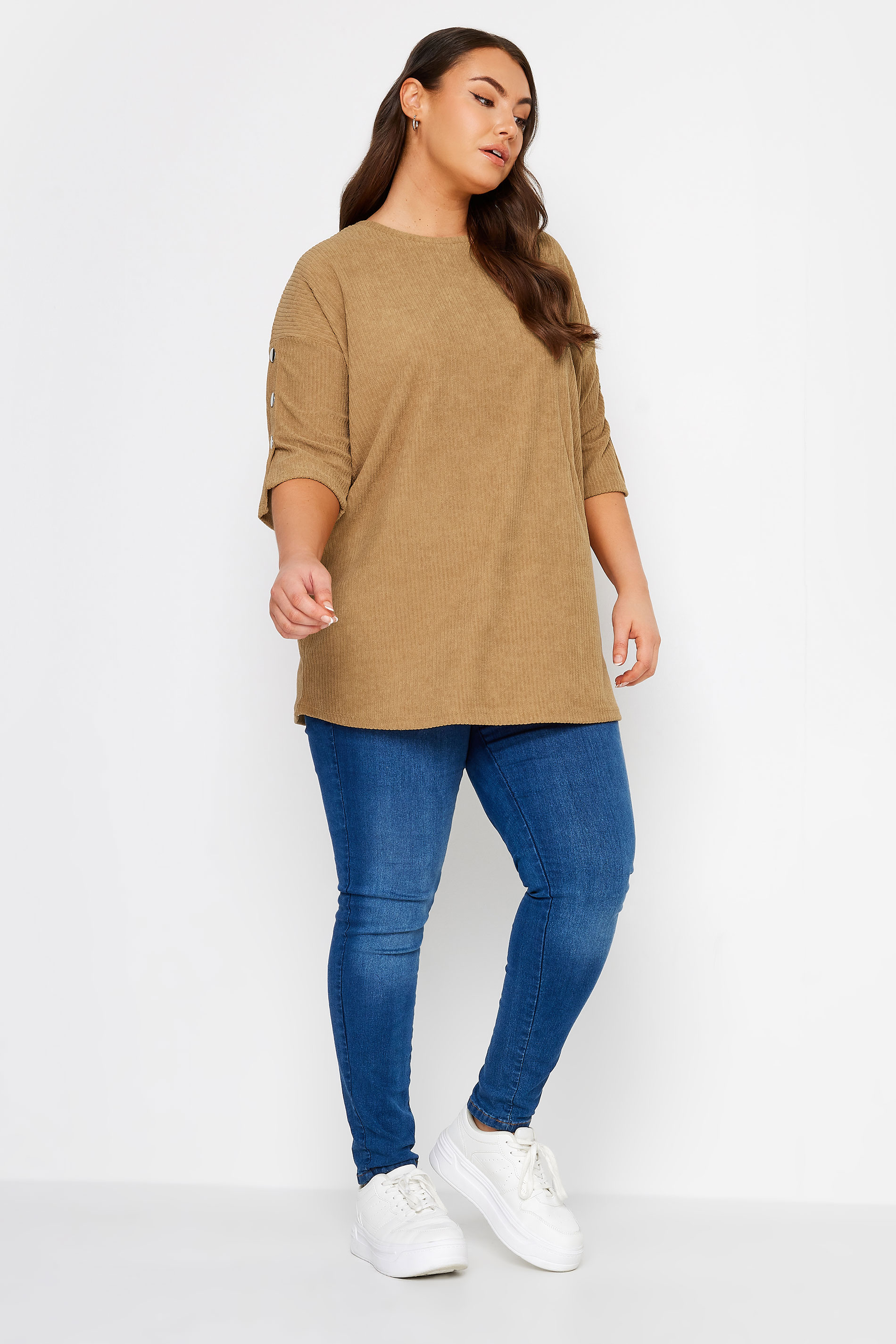 YOURS Plus Size Beige Brown Soft Touch Button Top | Yours Clothing 2