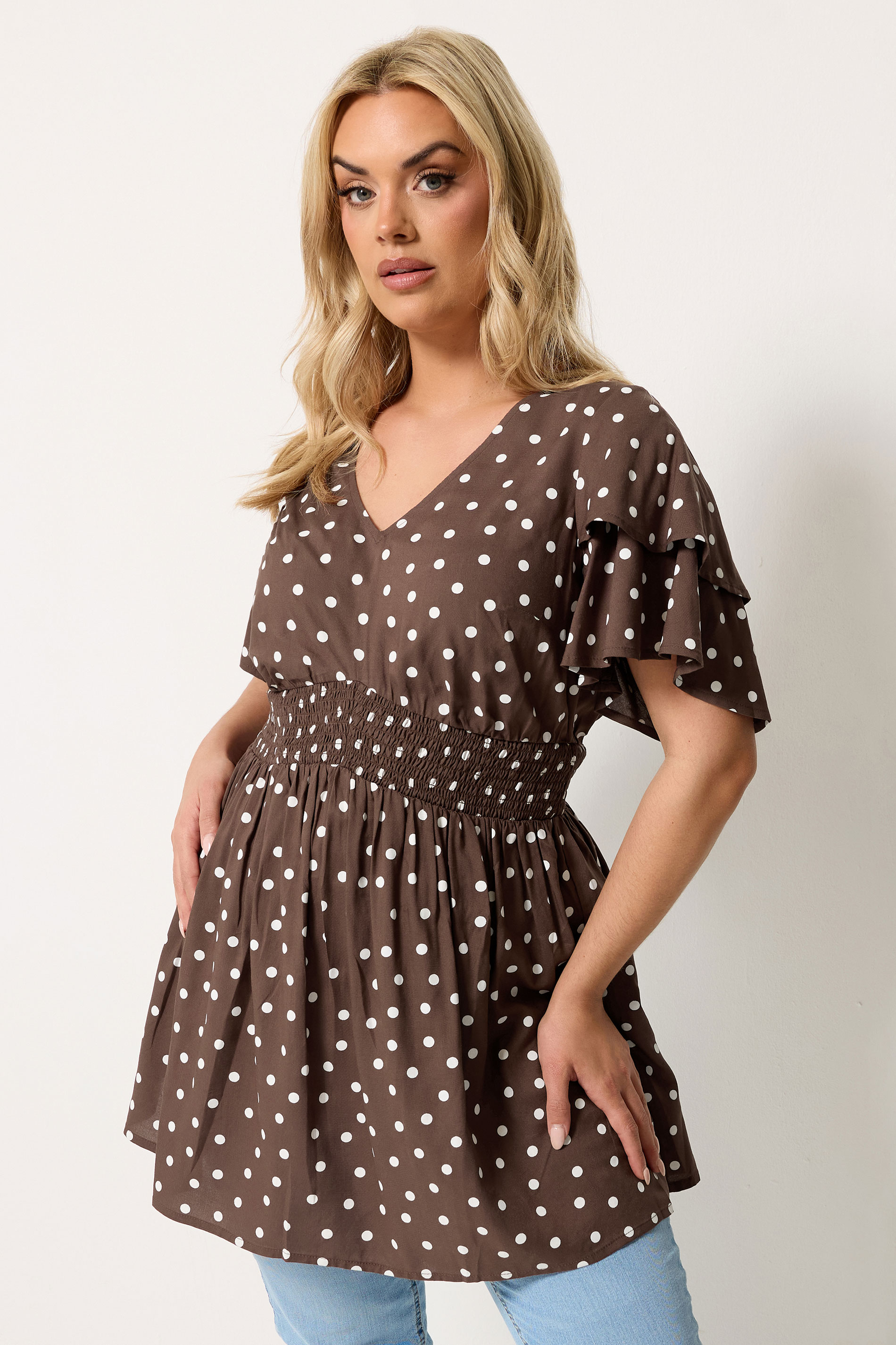 YOURS Plus Size Chocolate Brown Polka Dot Flutter Sleeve Top | Yours Clothing 3