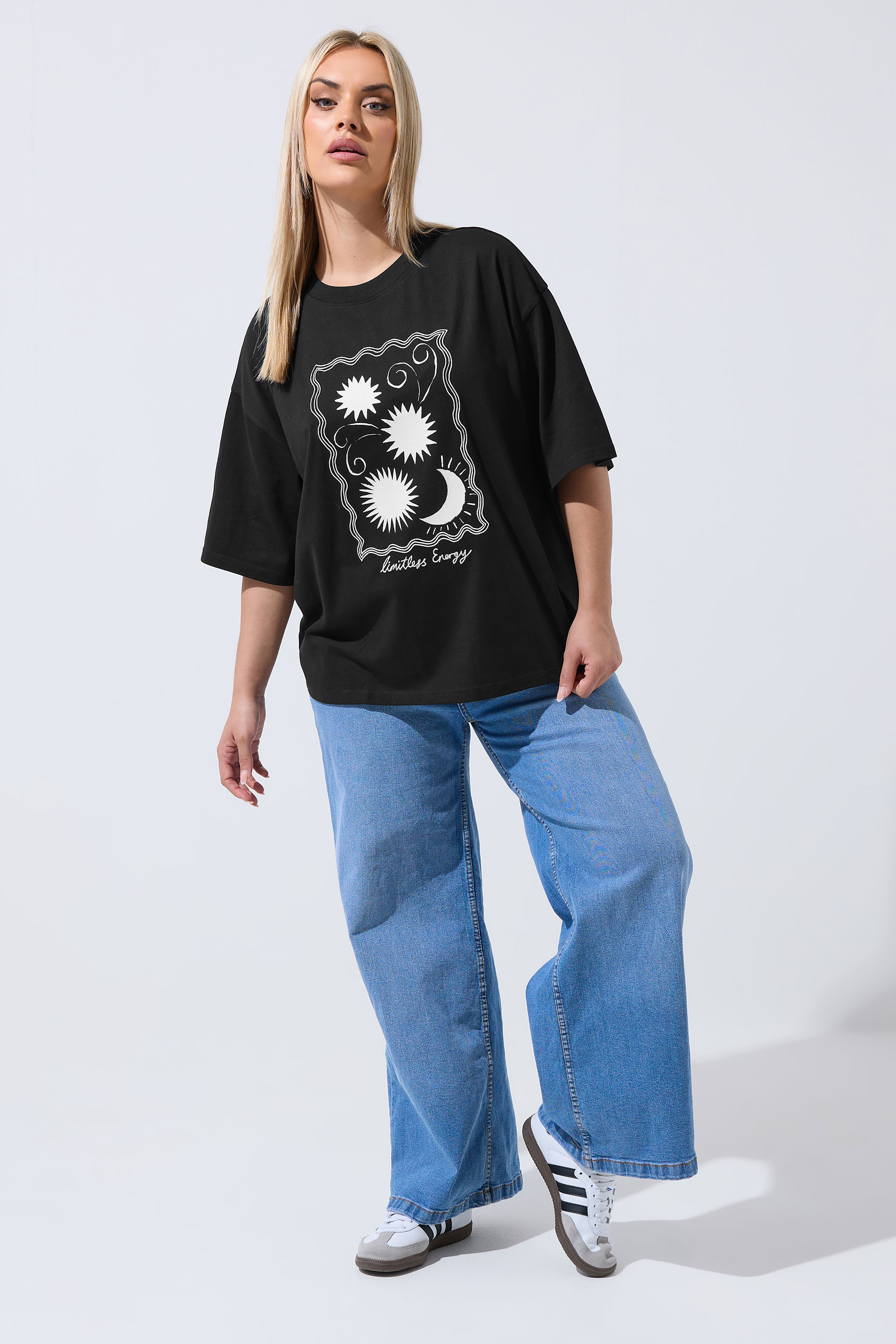 LIMITED COLLECTION Plus Size Black Embroidered Sun Graphic T-Shirt | Yours Clothing 1