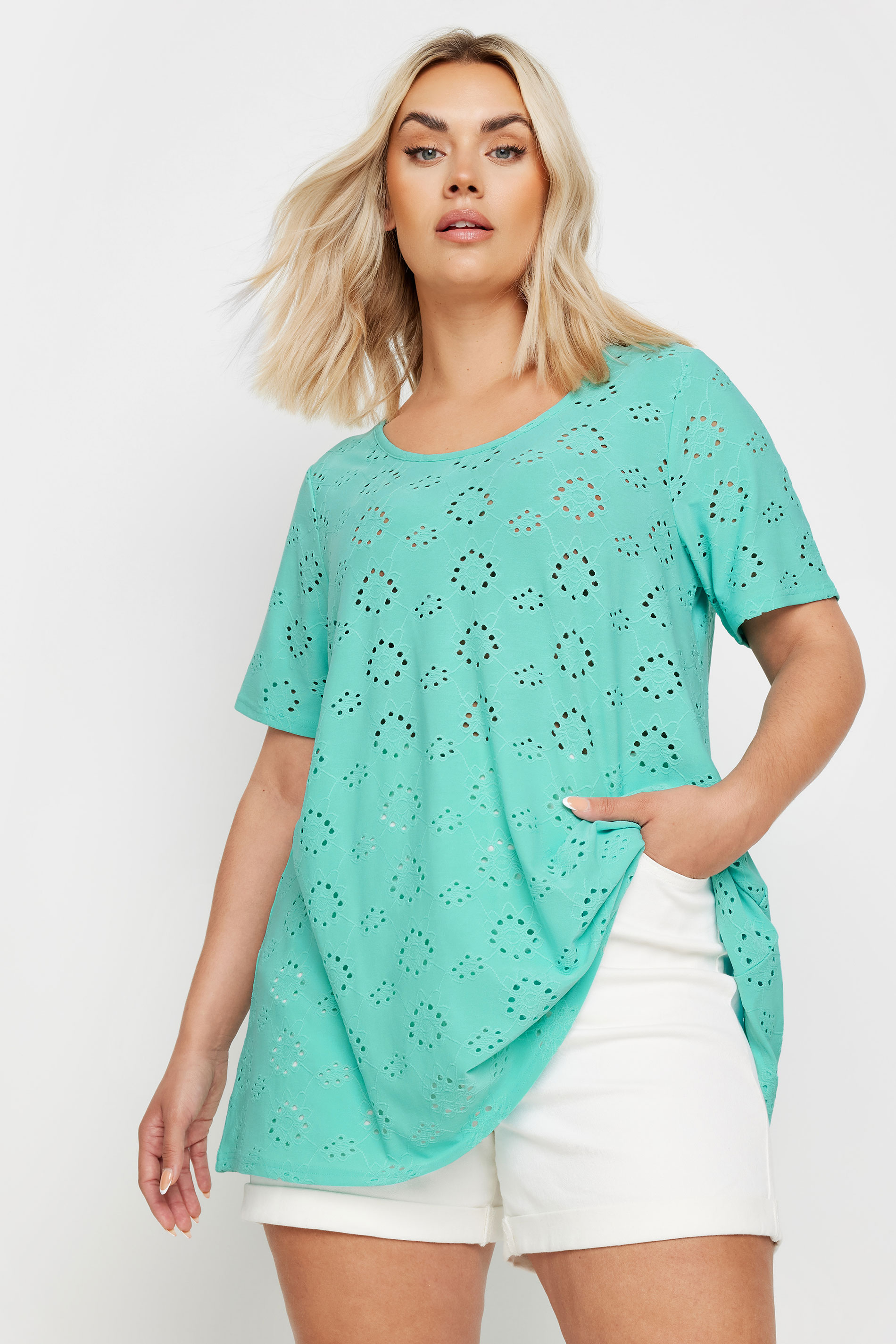 YOURS Plus Size Aqua Blue Broderie Anglaise Swing T-Shirt | Yours Clothing 2