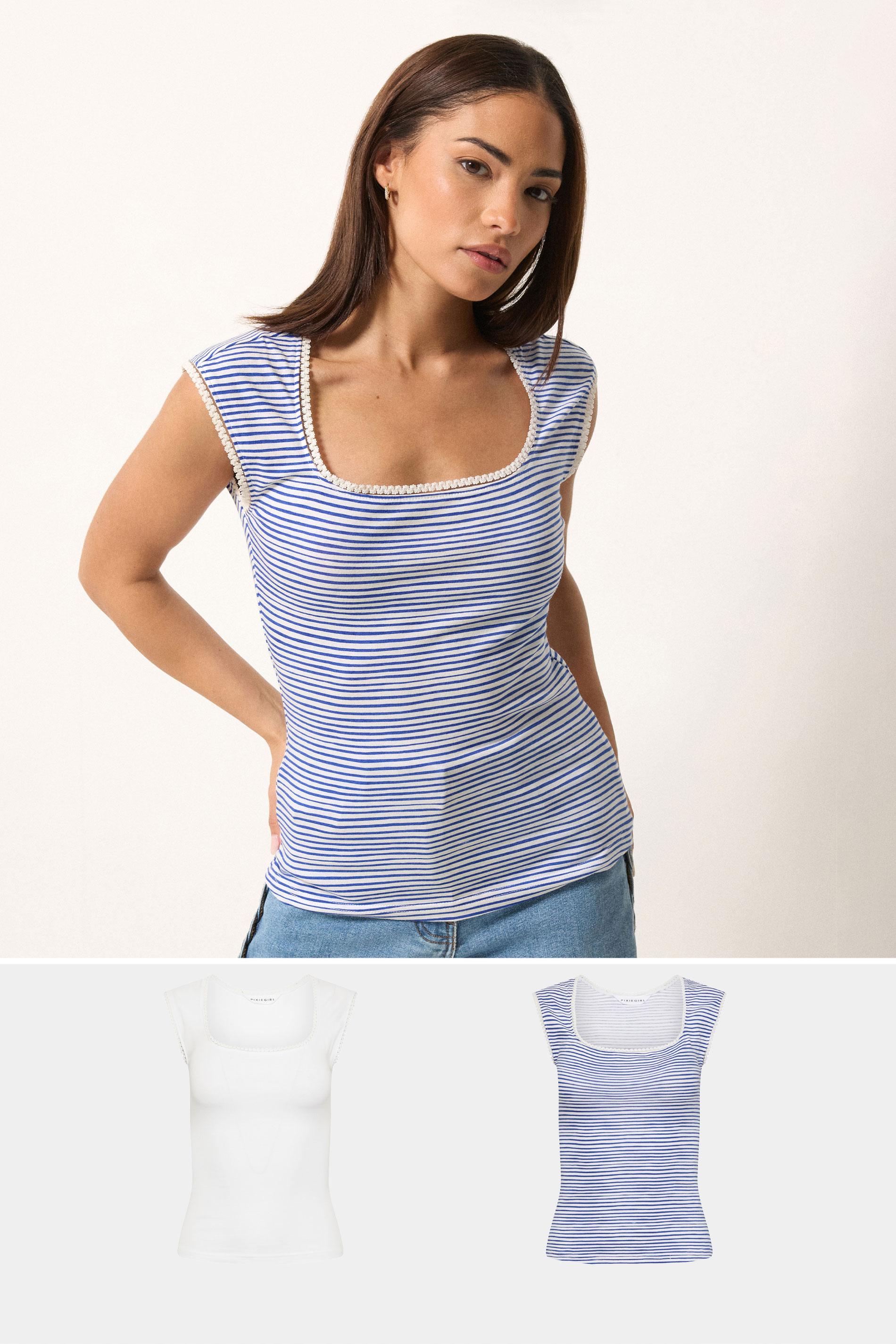 PixieGirl Petite 2 PACK Women's White & Blue Stripe Cotton Vest Top | PixieGirl 3