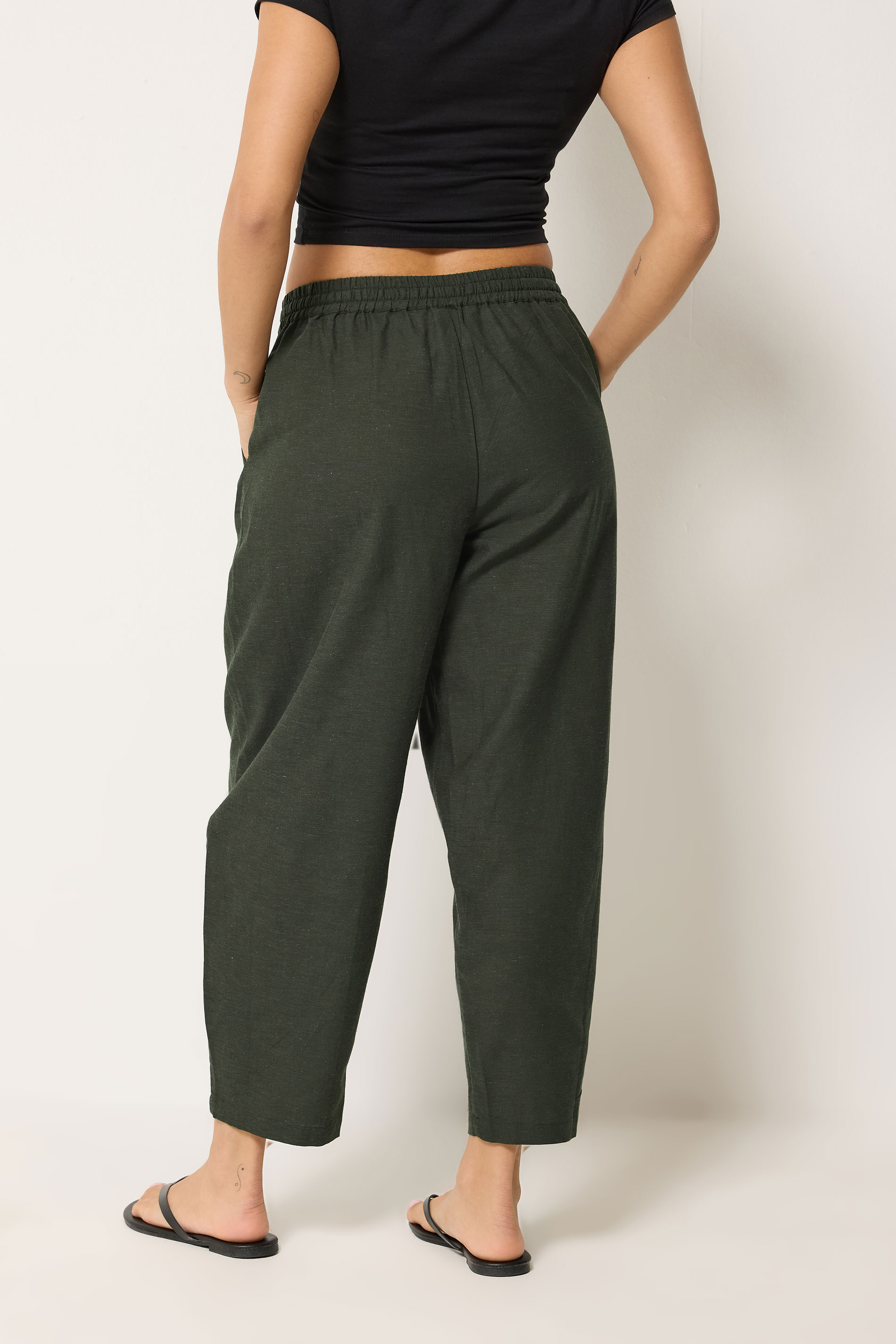 PixieGirl Petite Women's Olive Green Linen Barrel Trousers | PixieGirl 2