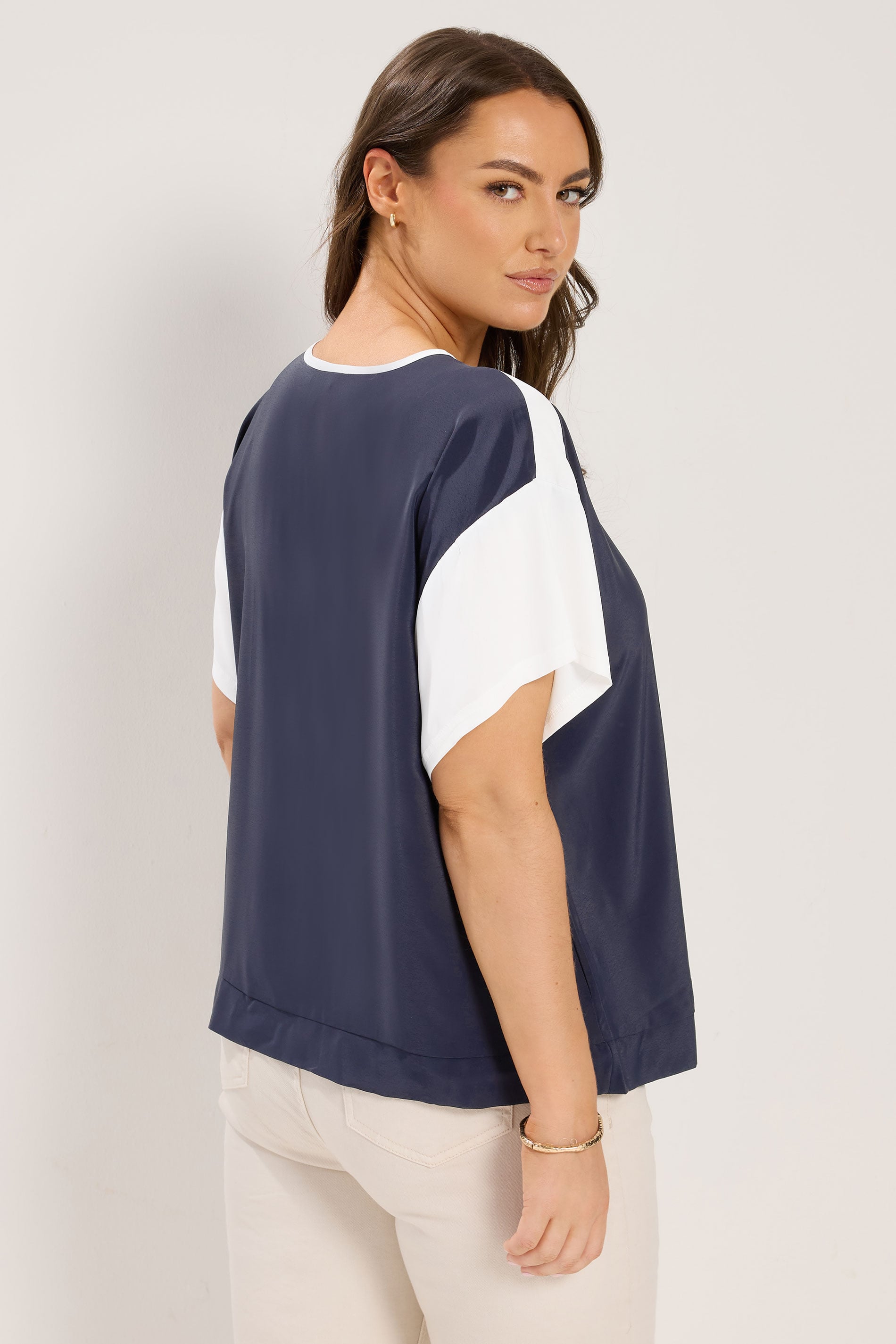 YOURS Plus Size Blue & White Contrast Sleeve Top | Yours Clothing 2