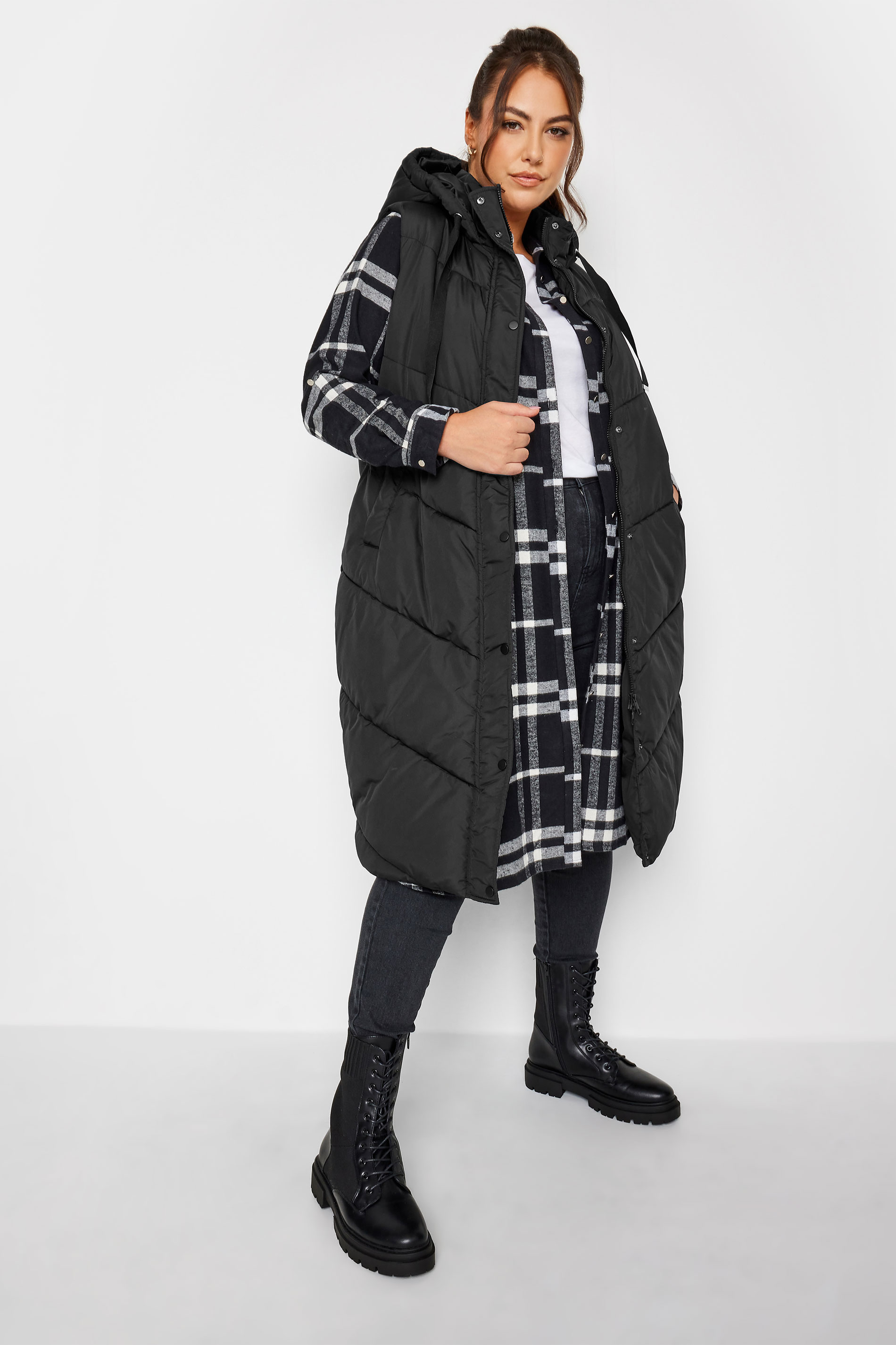YOURS Curve Black Quilted Longline Hooded Gilet | Yours Clothing 3
