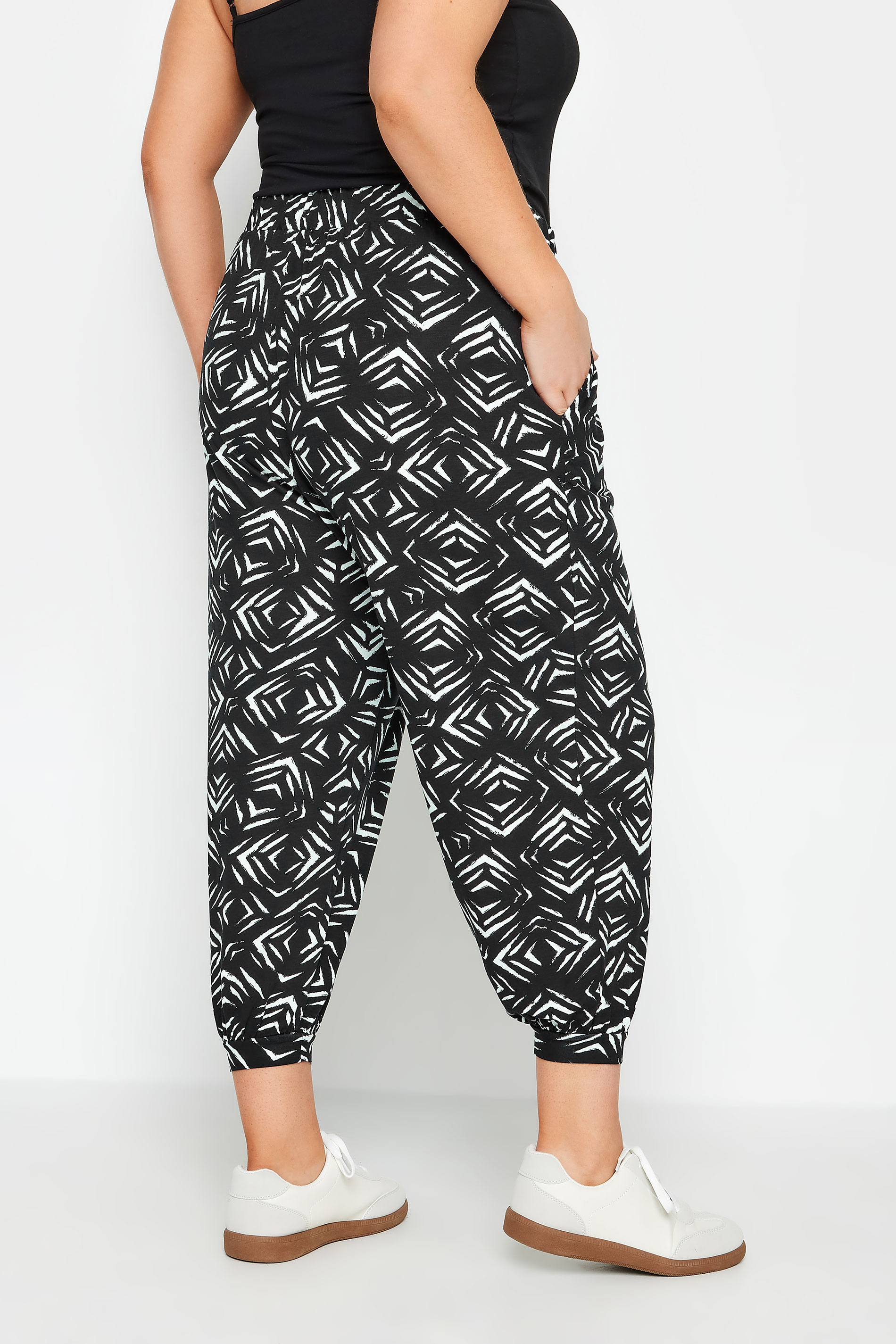 YOURS Plus Size Black Ikat Print Cropped Harem Trousers | Yours Clothing 3