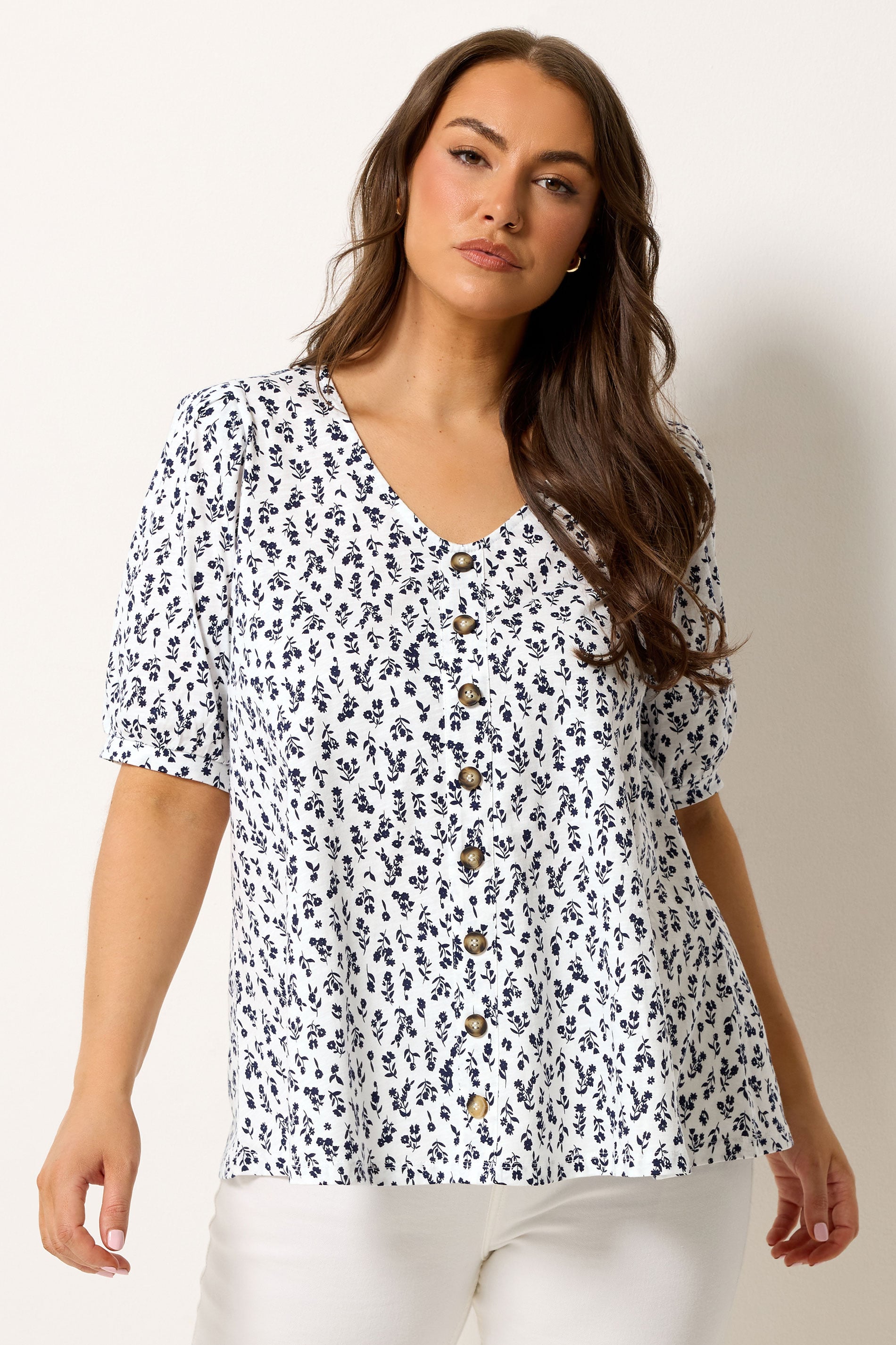 YOURS Plus Size White Floral Button Front Top | Yours Clothing 3