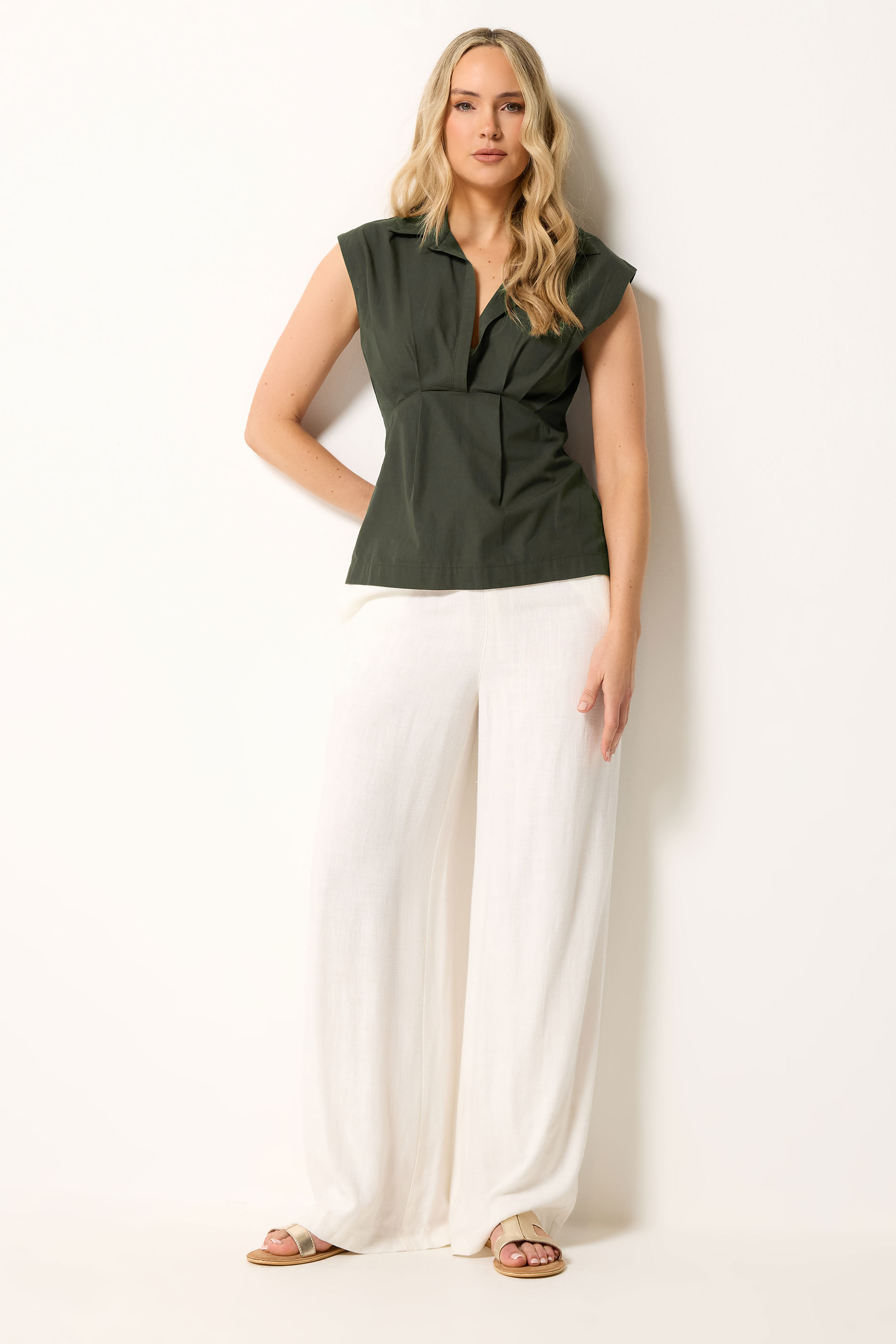 LTS Tall Women's Olive Green Open Collar Cotton Pleated Shirt | Long Tall Sally 1