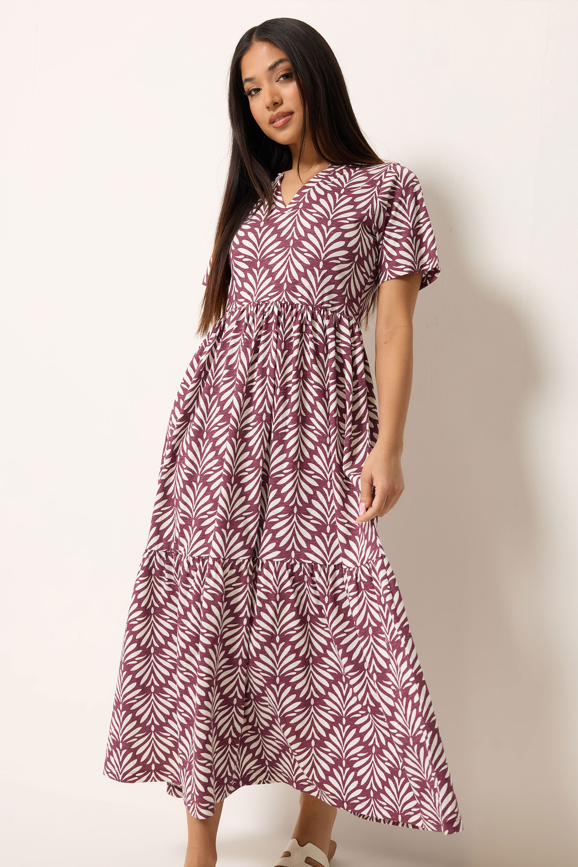 M&Co Petite Berry Red Leaf Print Cotton Maxi Dress | M&Co 3