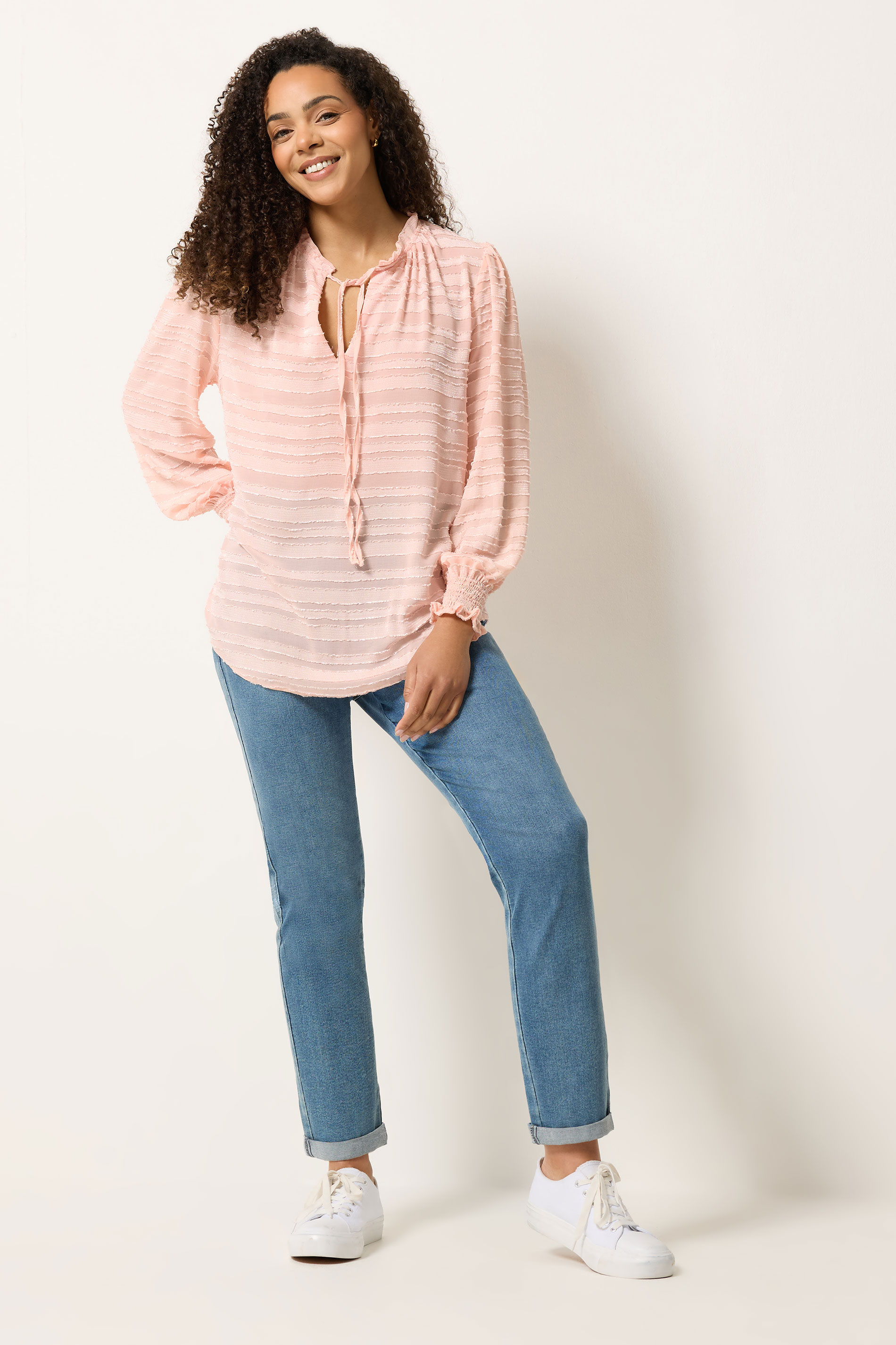 M&Co Pink Textured Stripe Tie Neck Blouse | M&Co 1