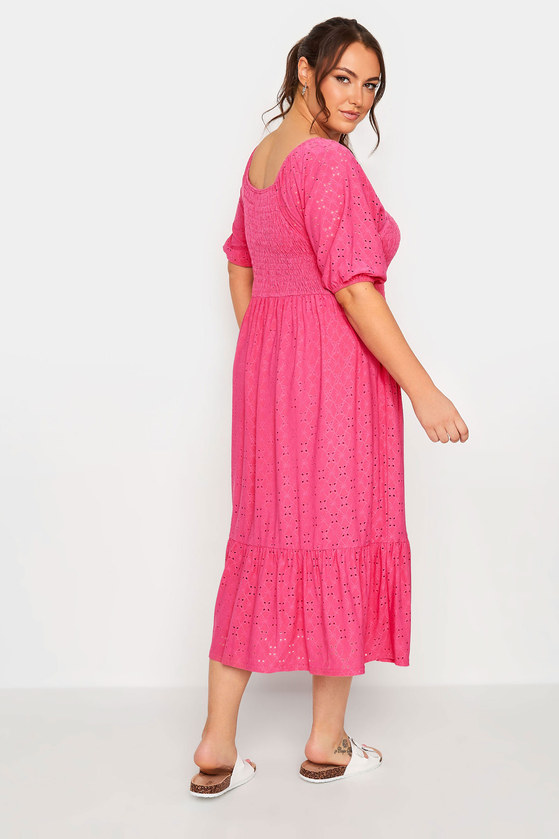 YOURS Plus Size Pink Shirred Broderie Anglaise Midaxi Dress | Yours Clothing 3