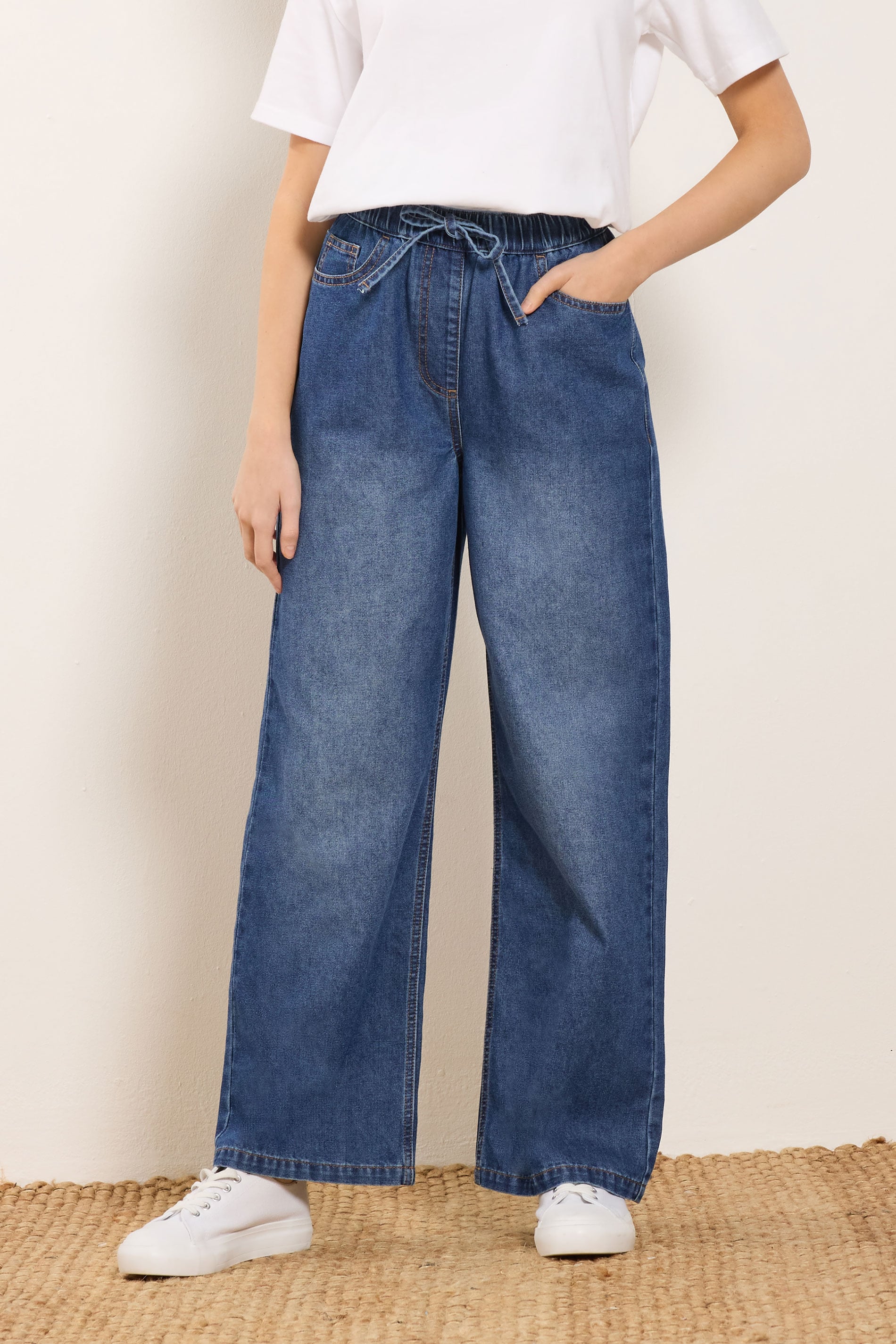 M&Co Blue Midwash Tie Waist Wide Leg Jeans | M&Co 3