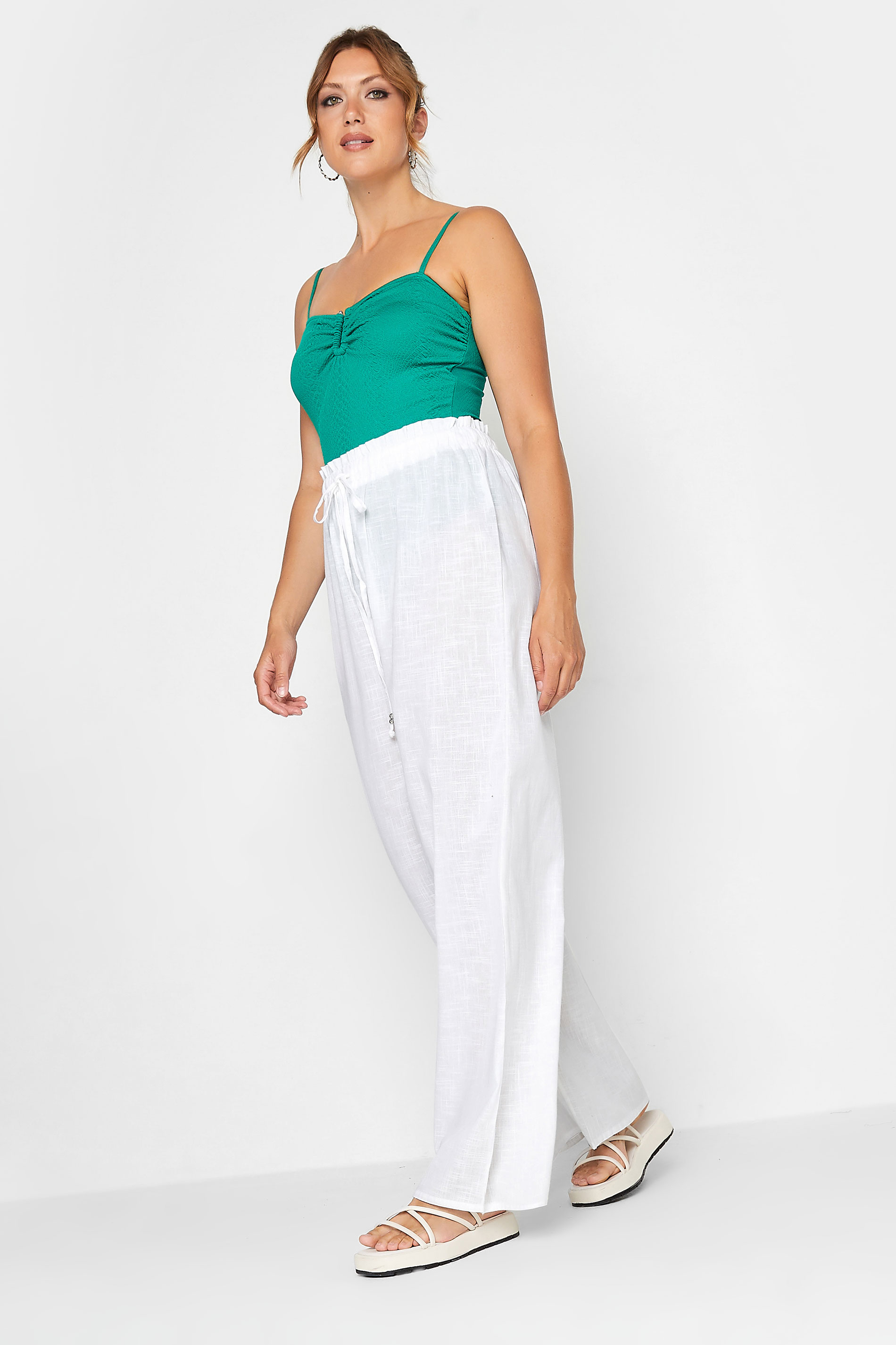 LTS Tall Women's White Cotton Wide Leg Beach Trousers | Long Tall Sally  2