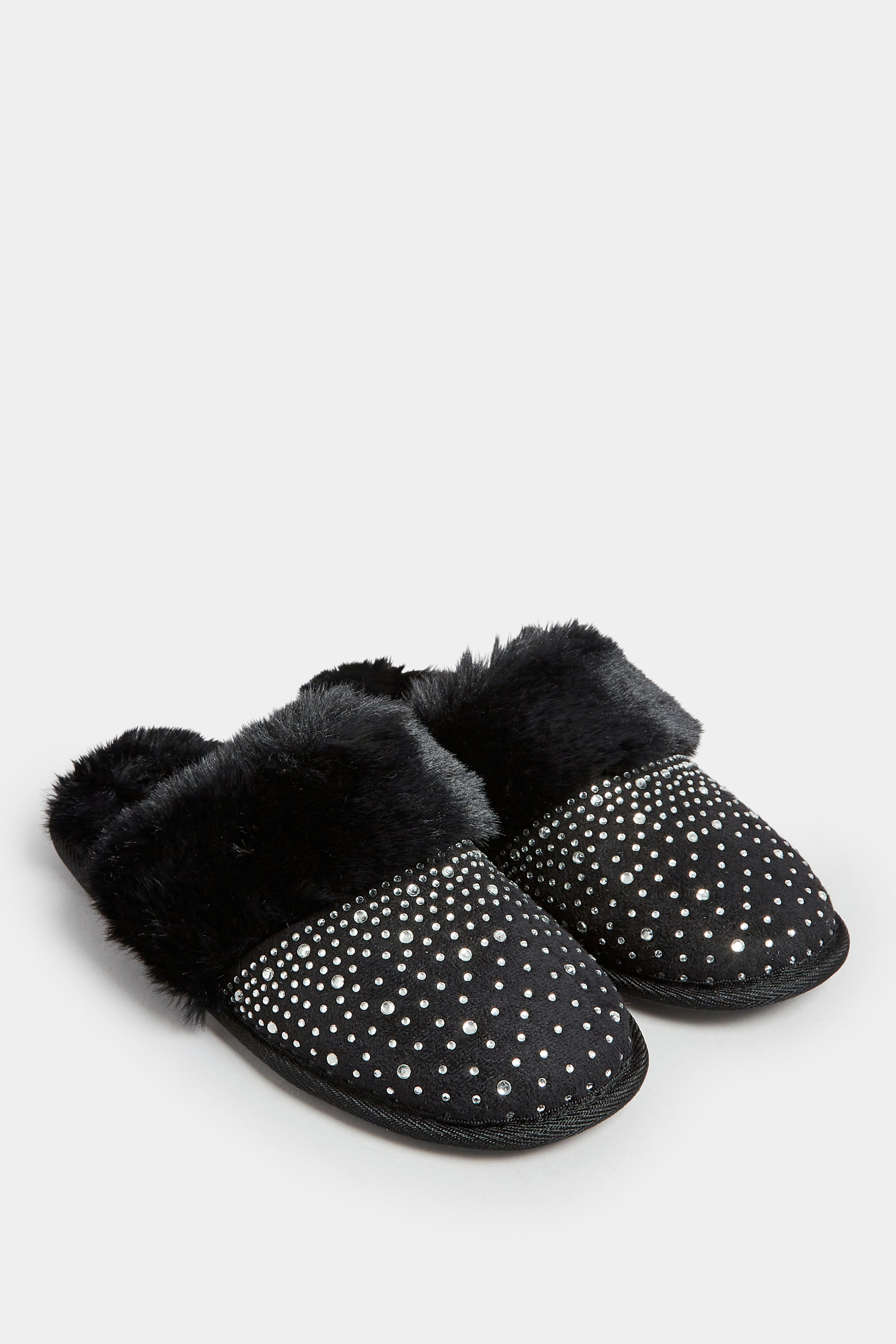Black Diamante Faux Fur Slippers In Wide E Fit | Yours Clothing 2