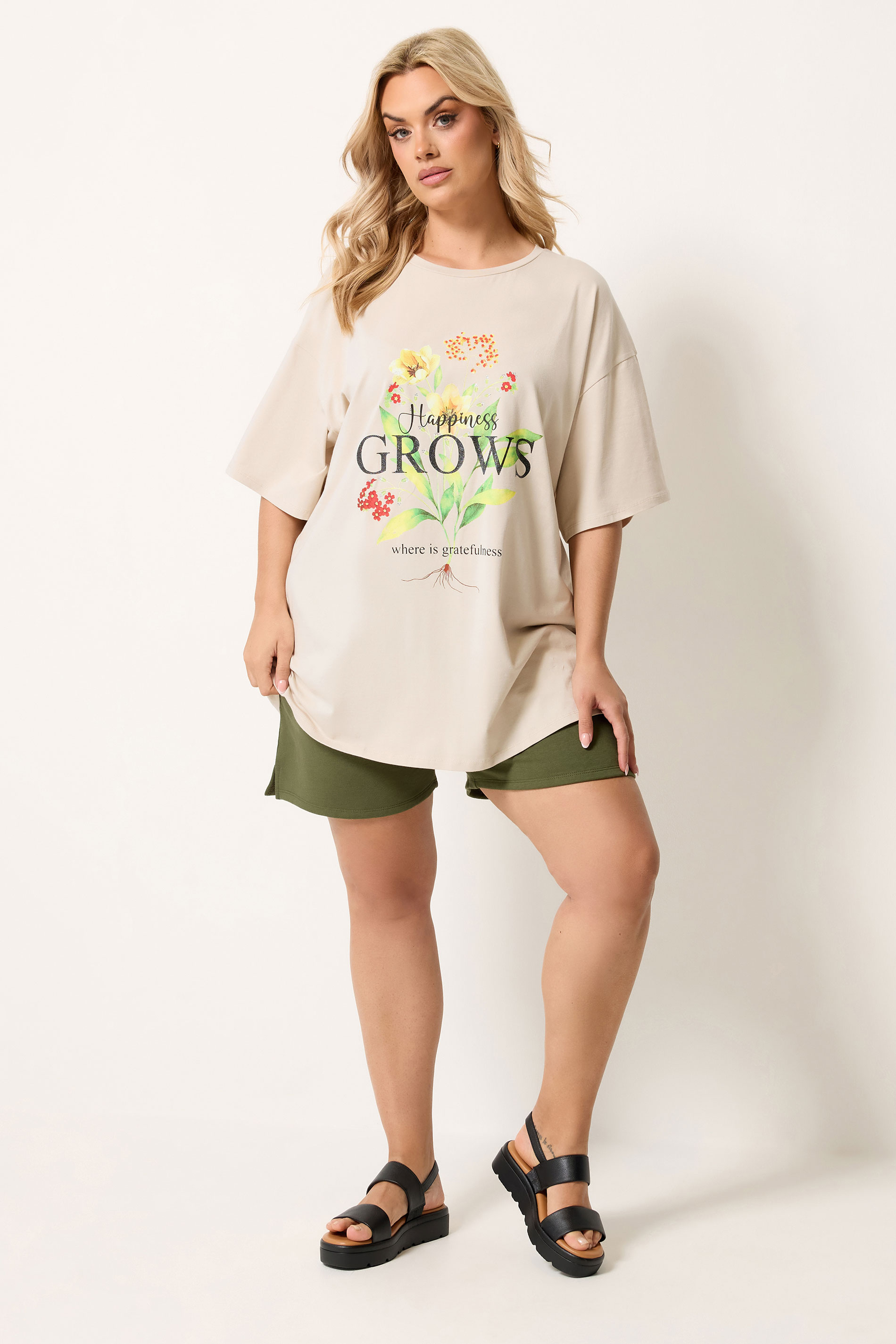 YOURS Plus Size Natural Brown 'Happiness Grows' T-Shirt | Yours Clothing 1