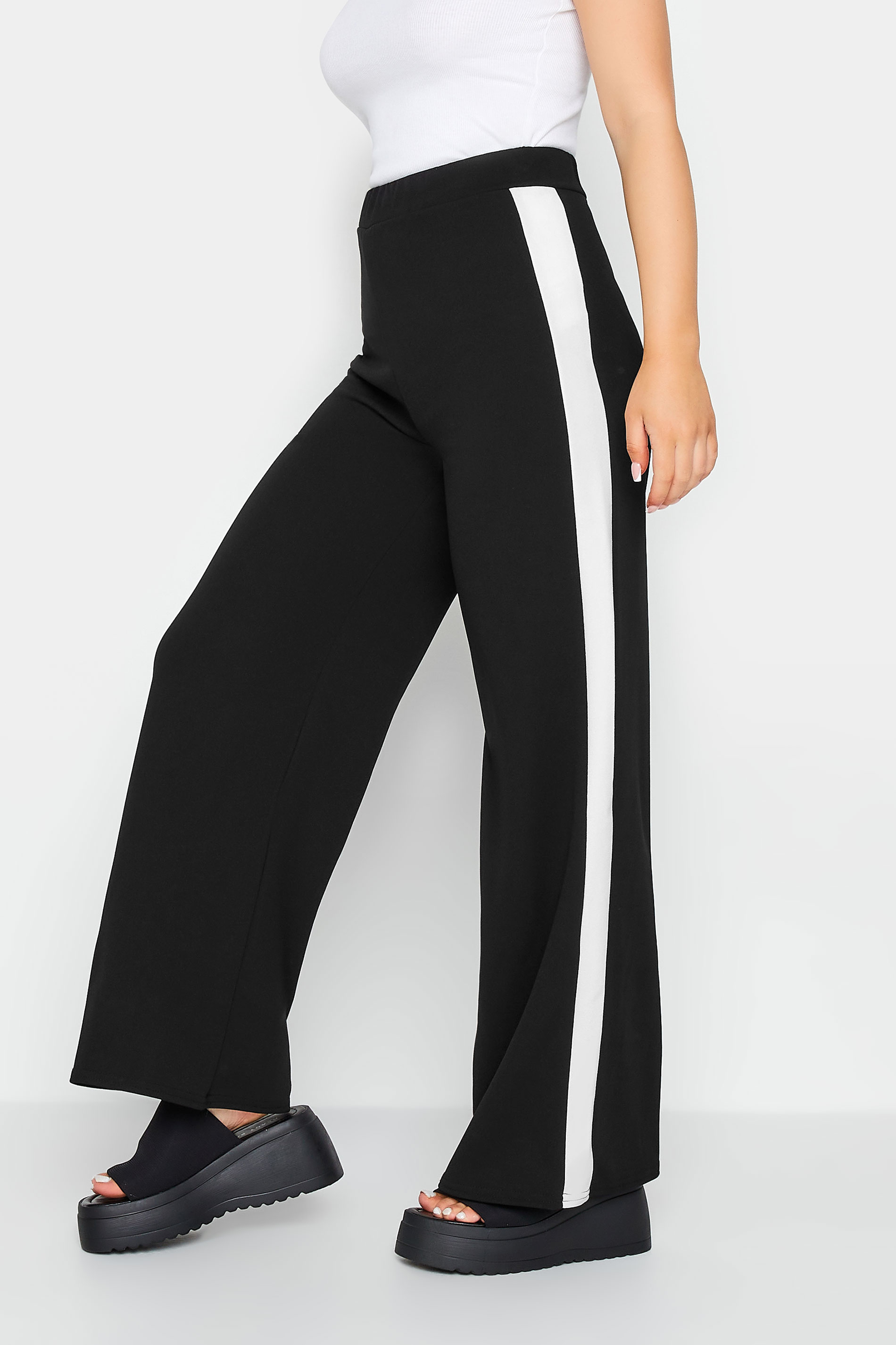Petite Black & White Block Stripe Wide Leg Trousers | PixieGirl 1