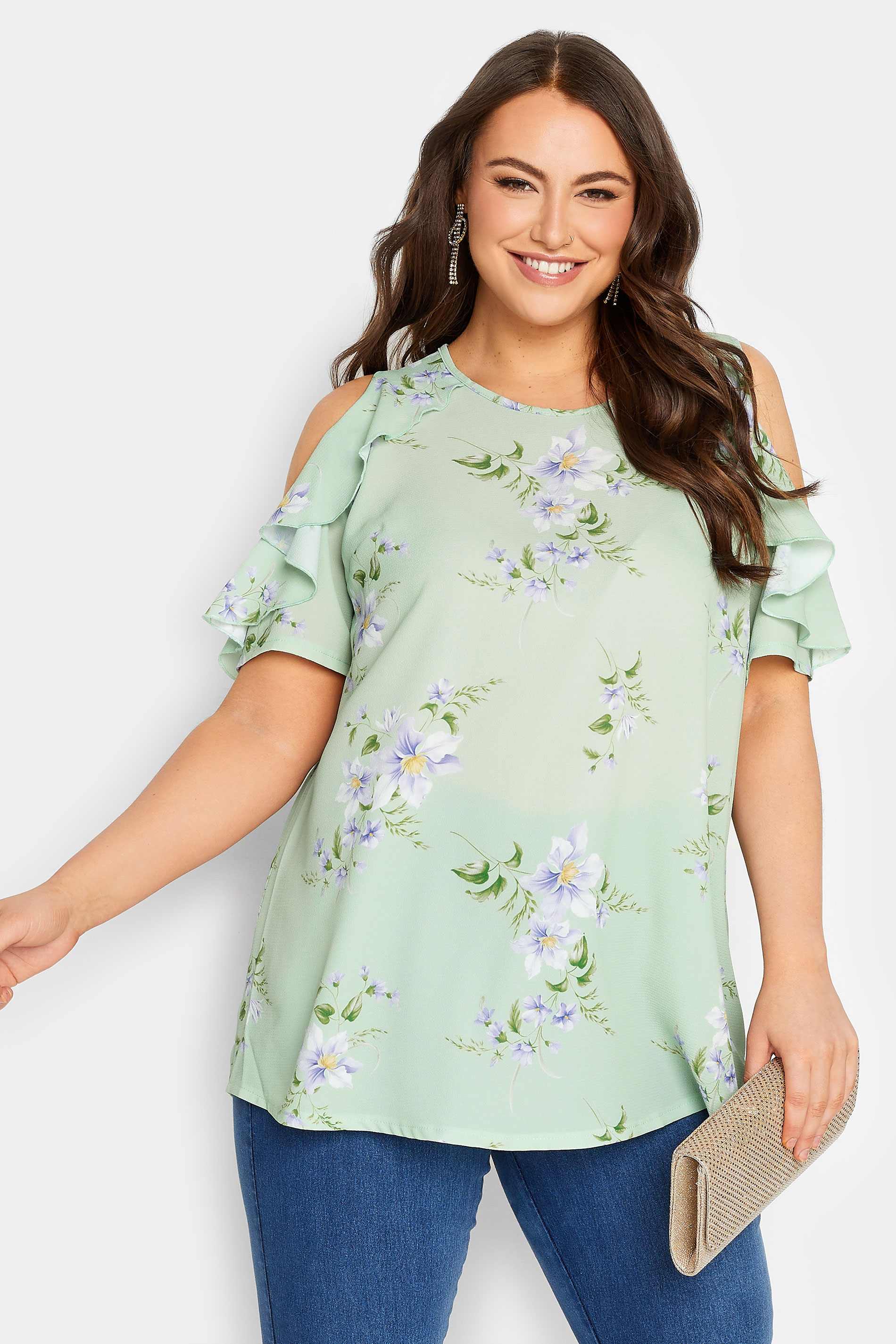 YOURS LONDON Plus Size Green Floral Frill Cold Shoulder Top | Yours Clothing 1