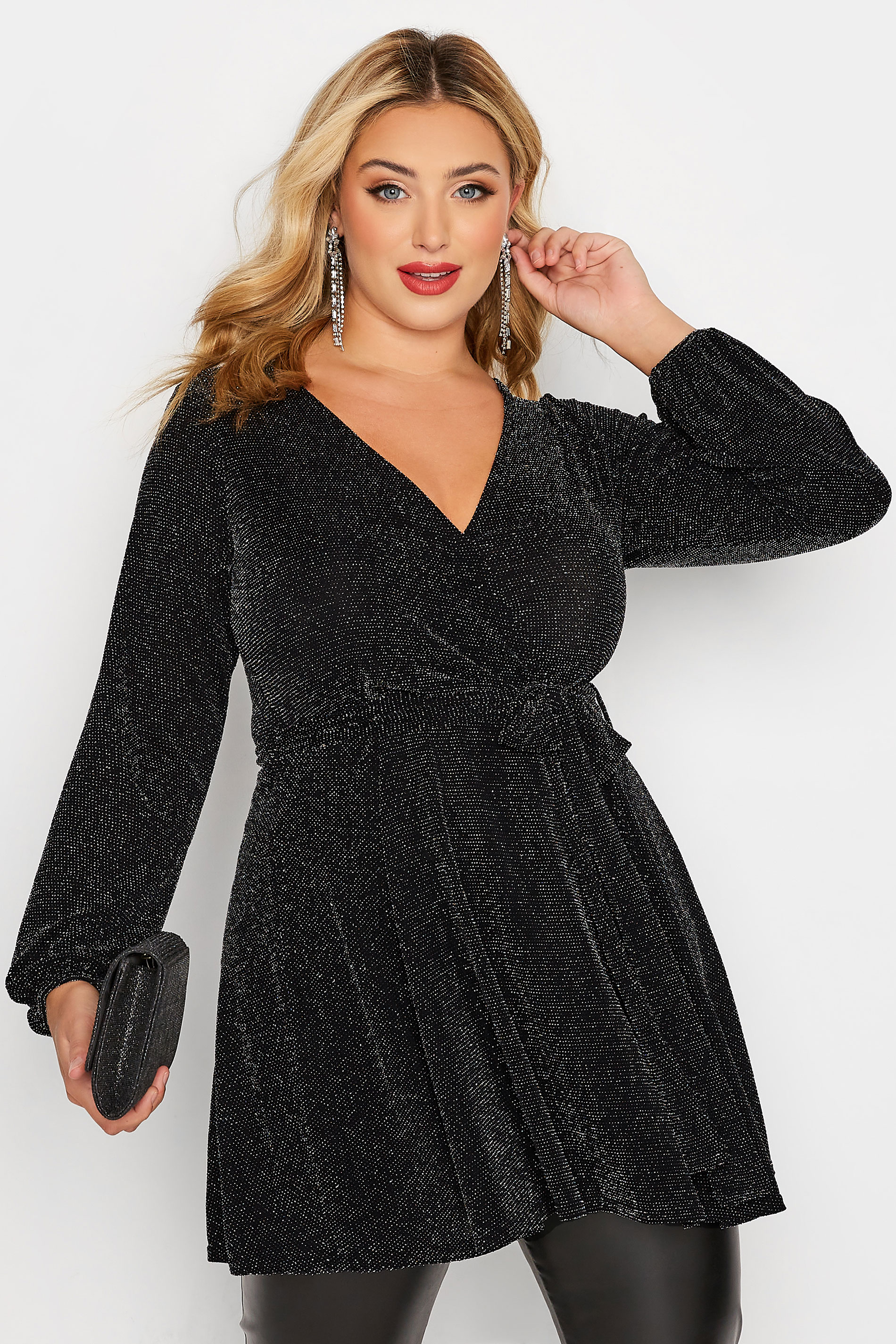 YOURS LONDON Plus Size Black Glitter Wrap Top | Yours Clothing 1