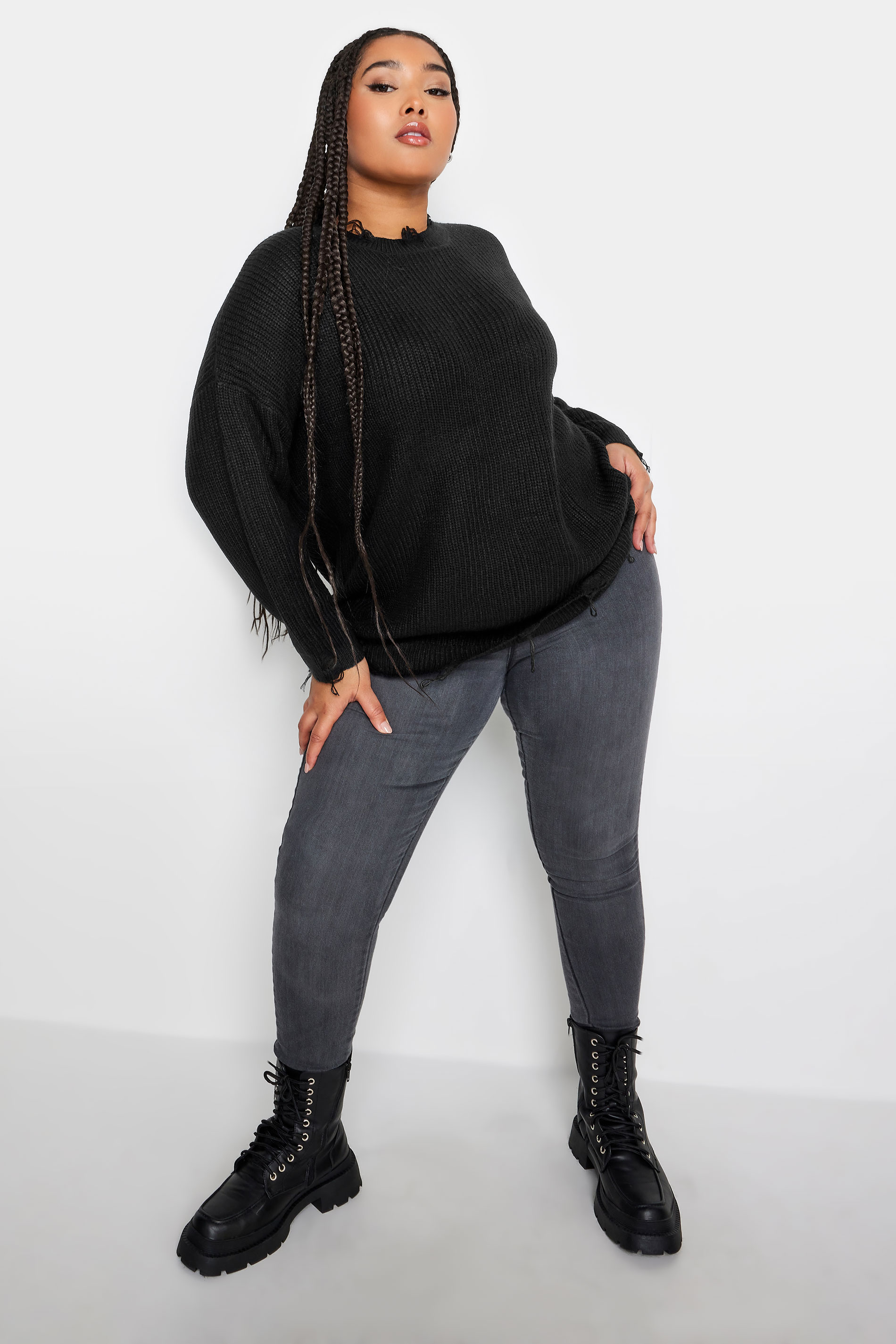 YOURS Plus Size Black Distressed Knitted Jumper | Yours Clothing 2