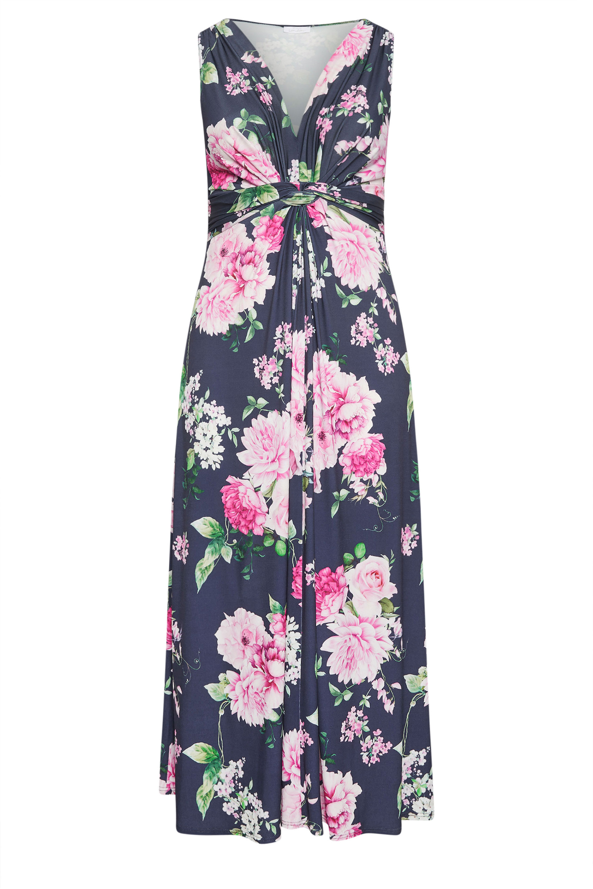 YOURS LONDON Plus Size Navy Blue Floral Print Knot Front Maxi Dress | Yours Clothing 2