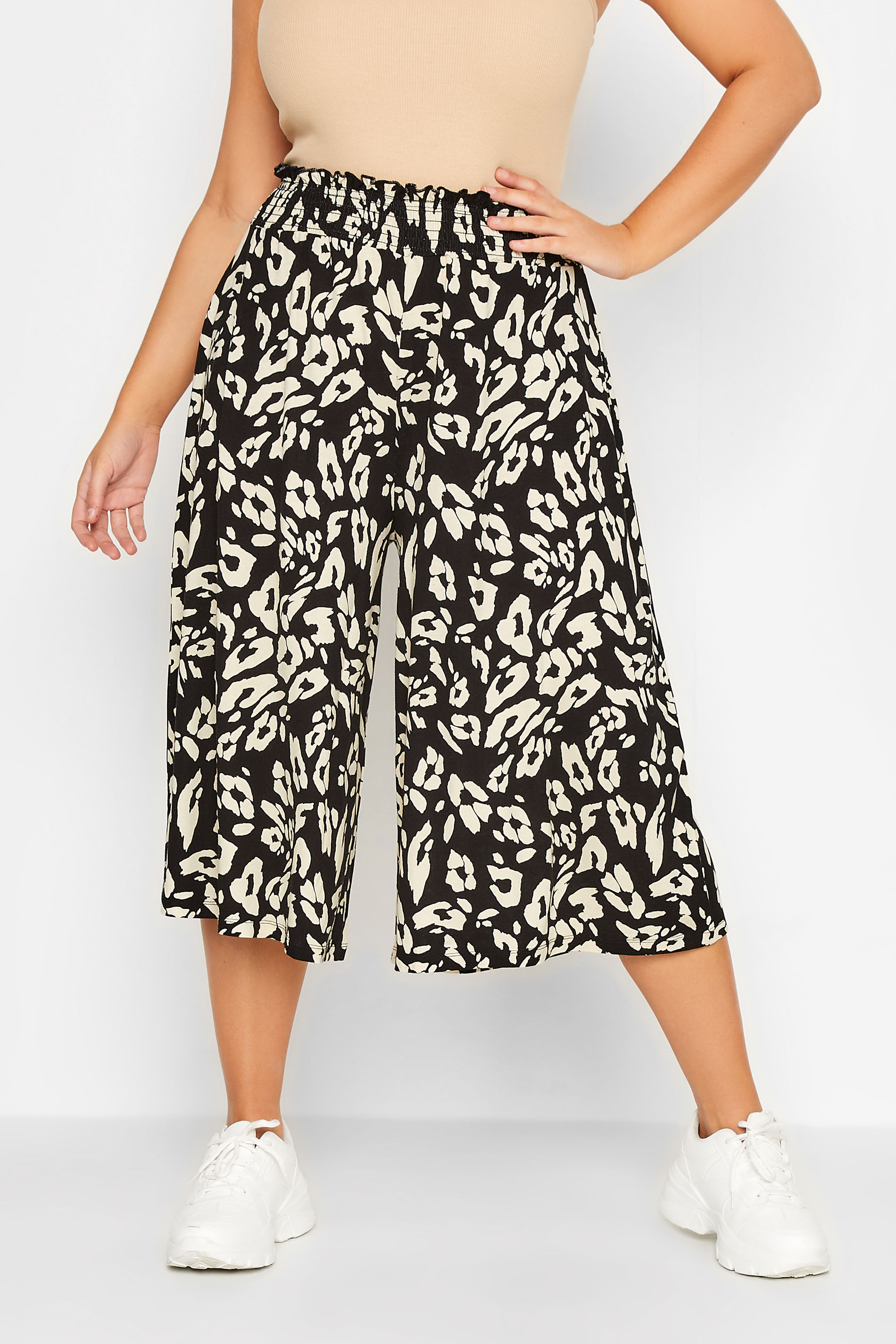 YOURS Plus Size Black Leopard Print Shirred Waist Culottes | Yours Clothing 1
