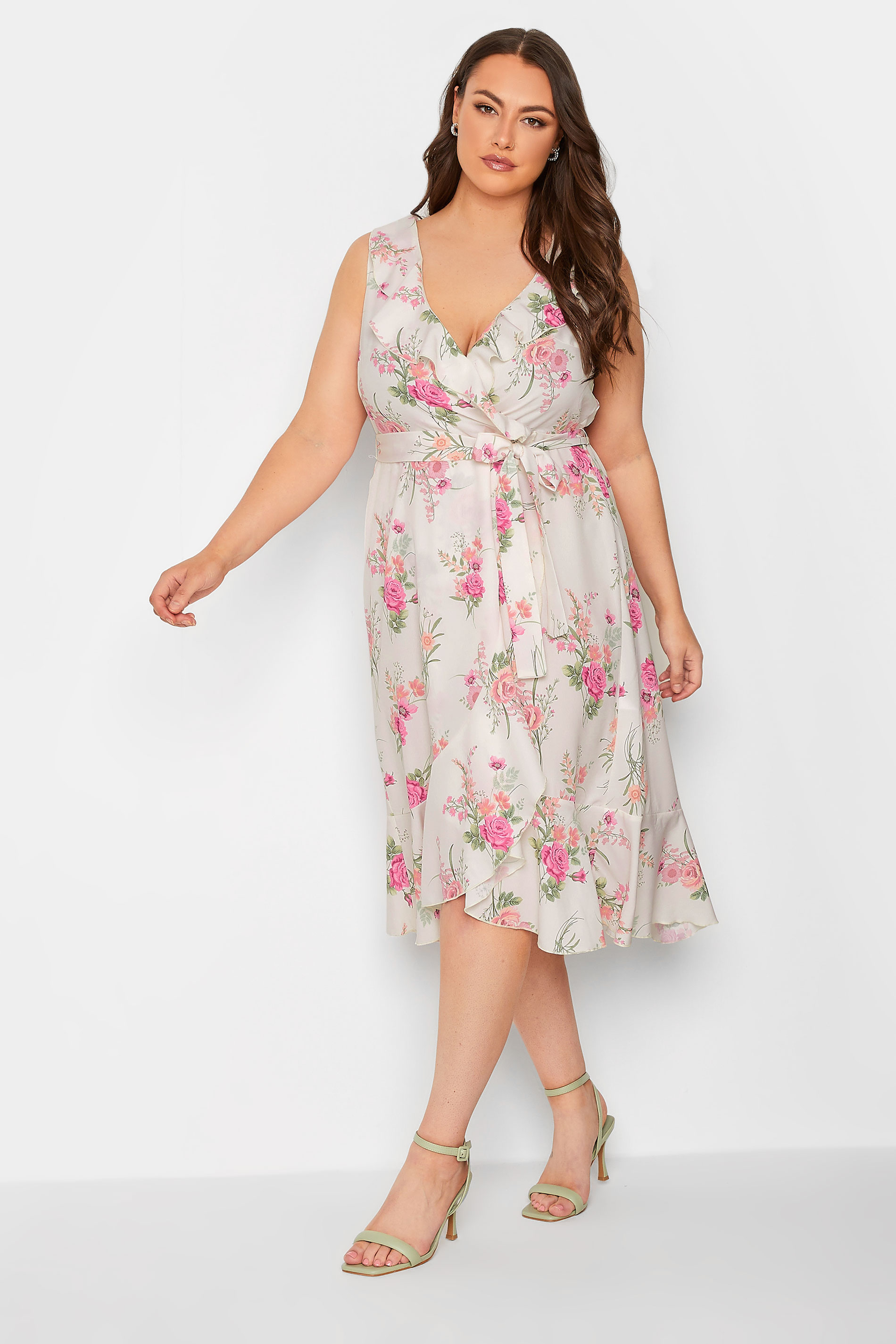 YOURS LONDON Plus Size White Floral Print Double Ruffle Wrap Dress | Yours Clothing 2