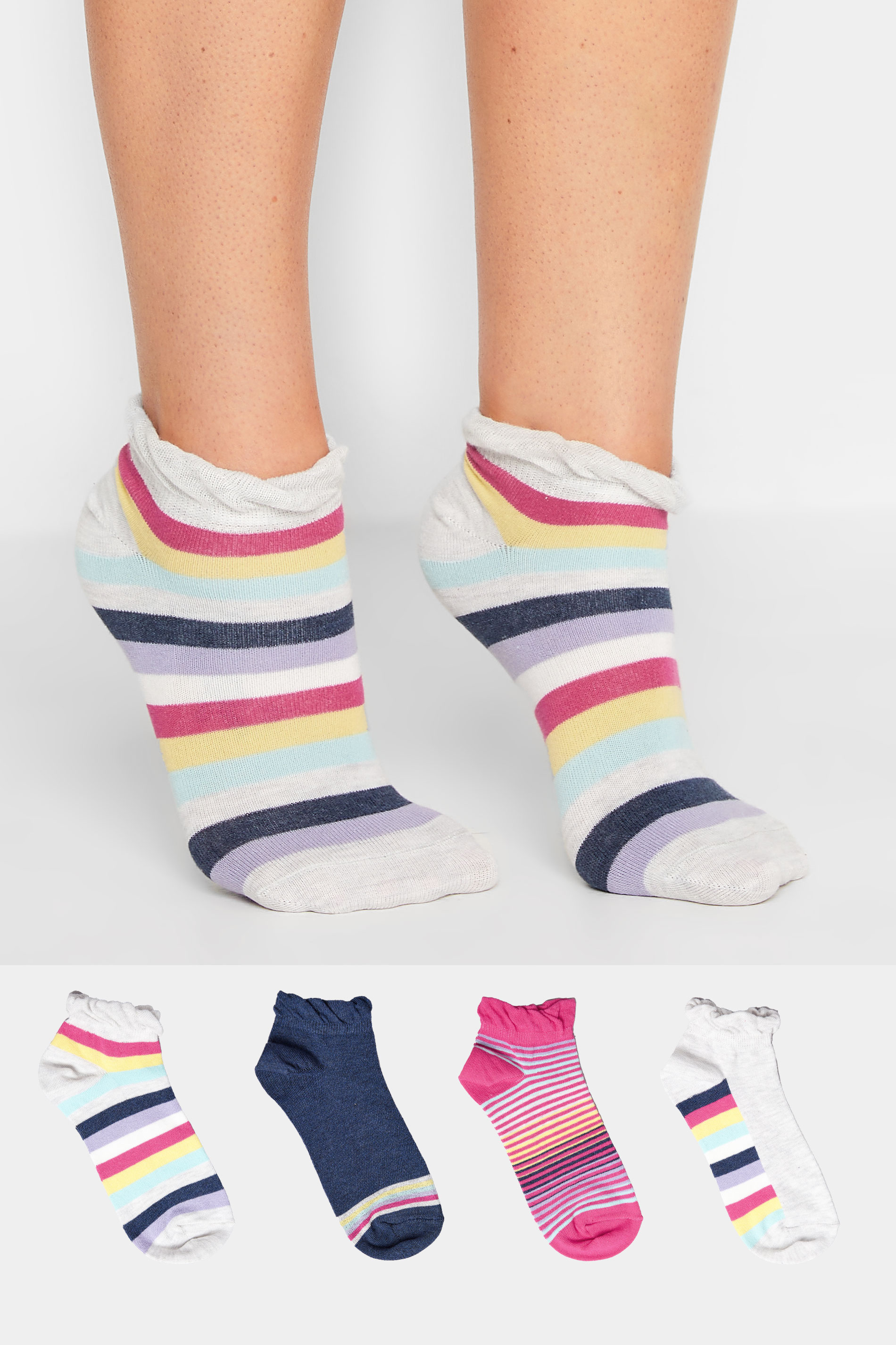 YOURS Curve Plus Size 4 PACK White Stripe Trainer Socks | Yours Clothing  1