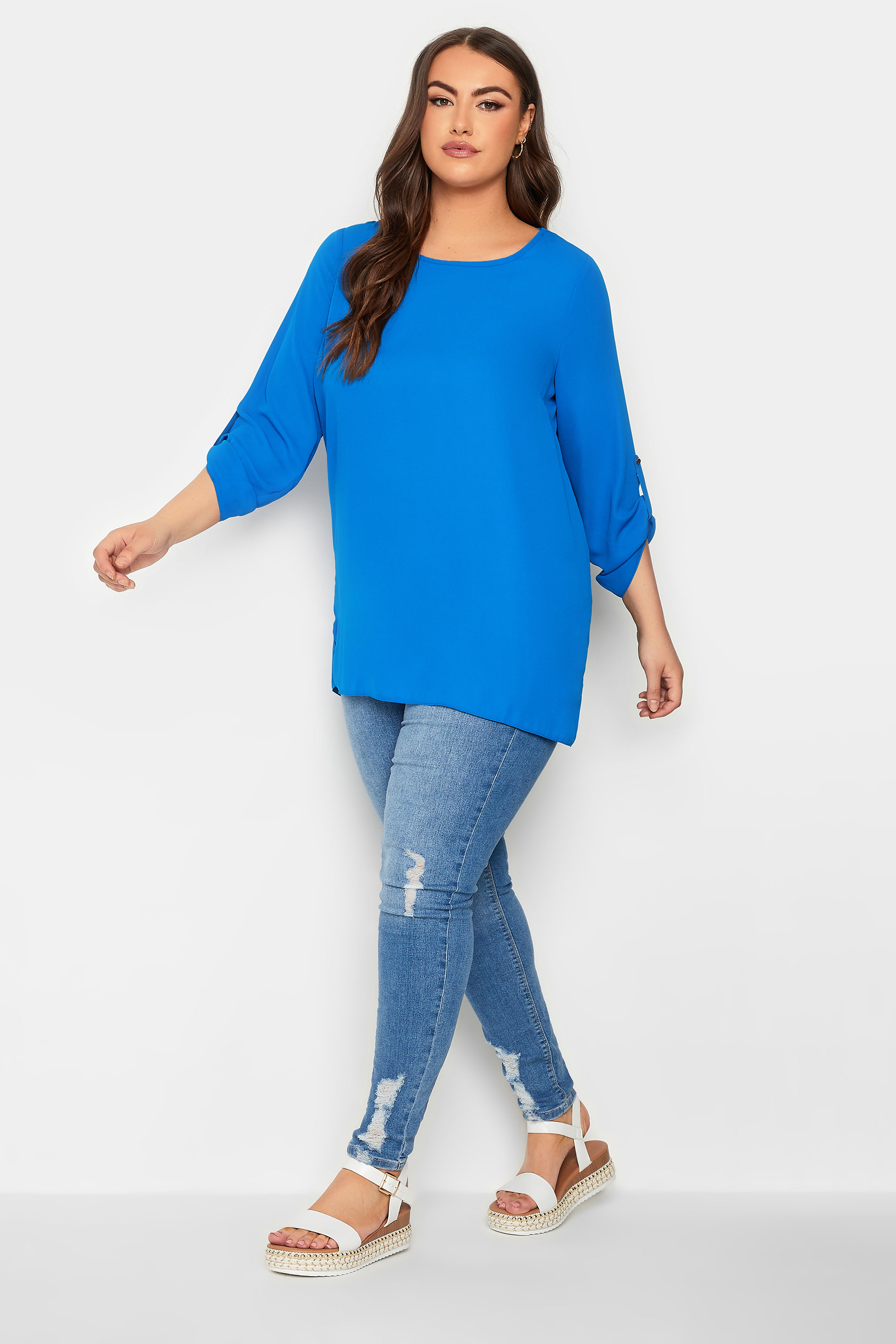YOURS Plus Size Blue Tab Sleeve Blouse | Yours Clothing 2