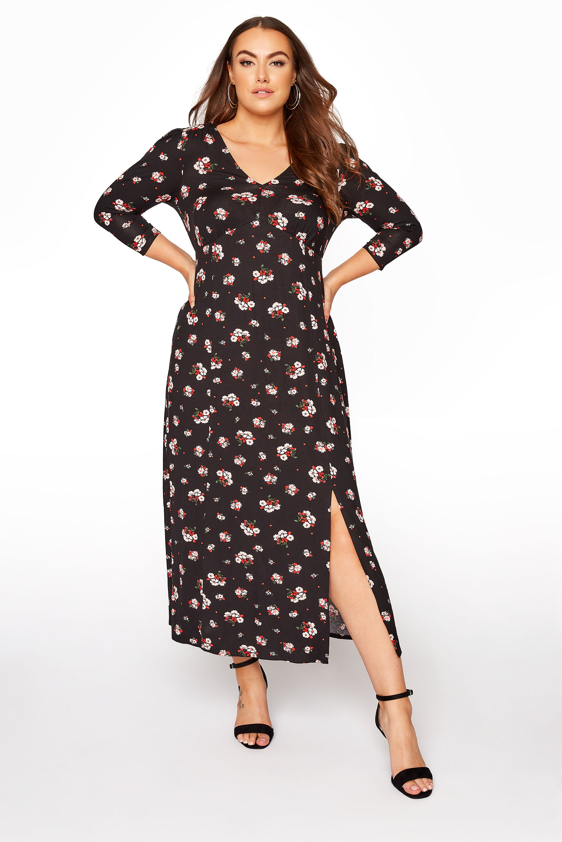 Plus Size YOURS LONDON Black Floral Side Split Maxi Dress | Yours Clothing