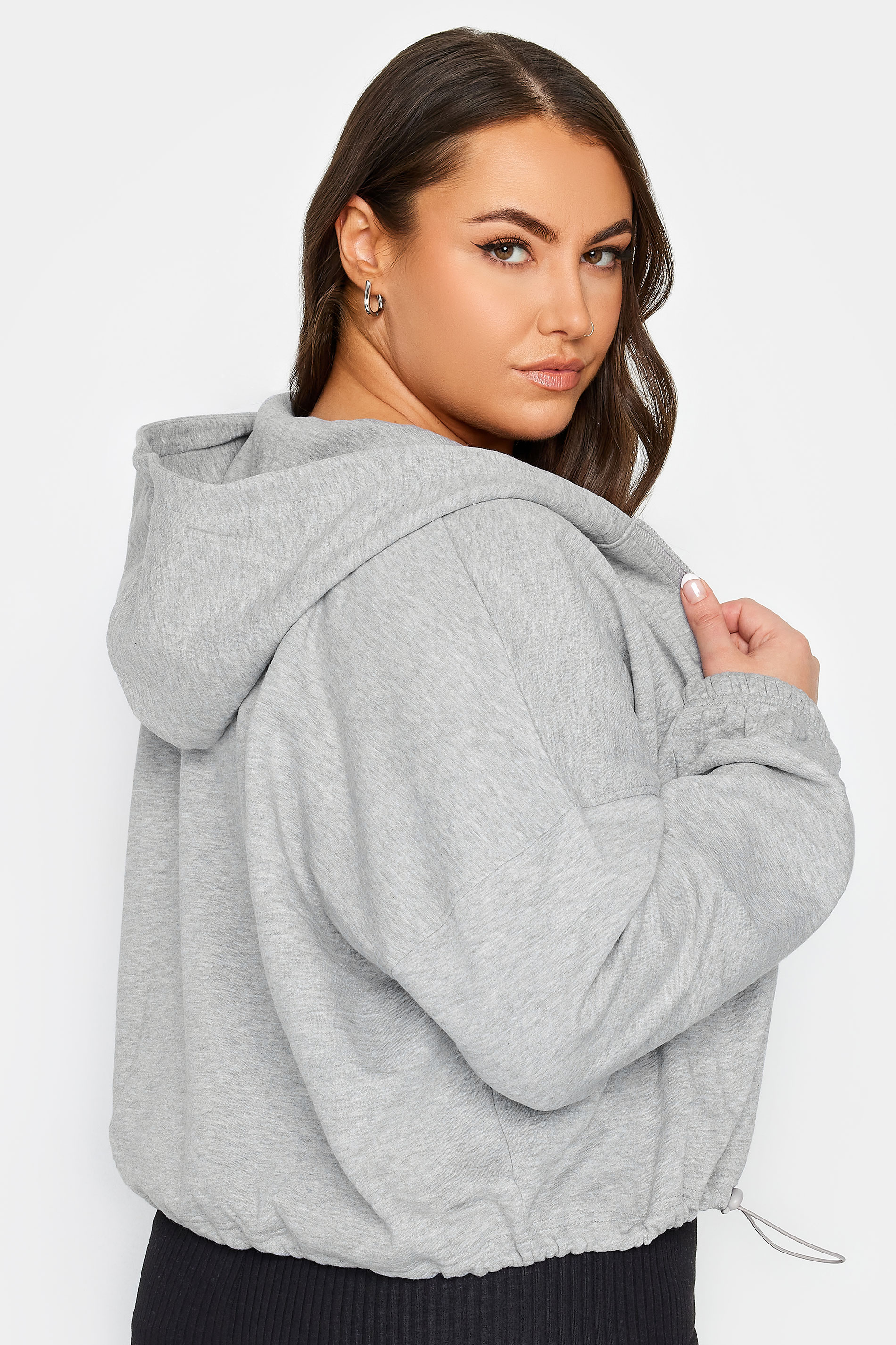 LIMITED COLLECTION Plus Size Grey Cropped Zip Through Hoodie | Yours Clothing 3