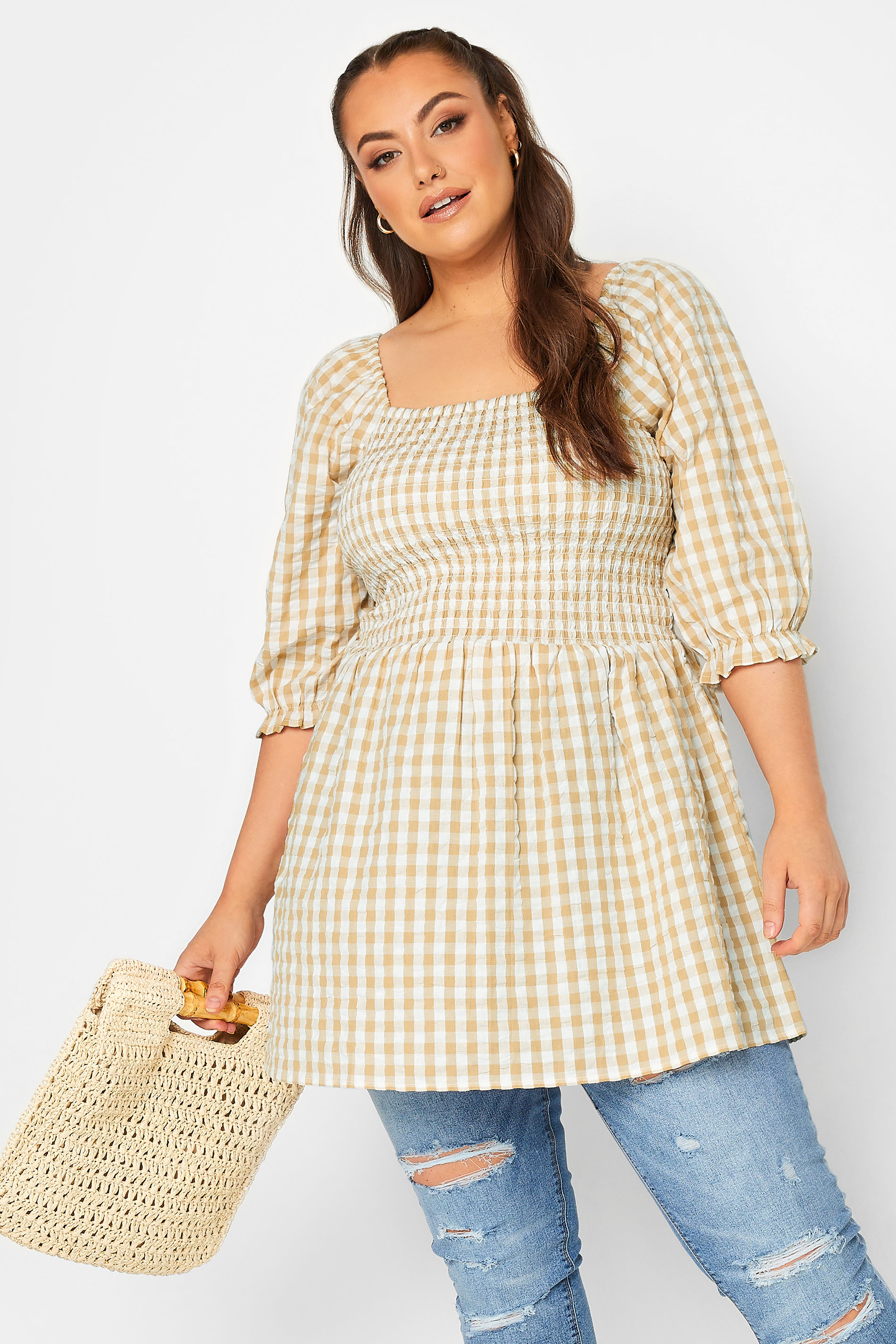 YOURS Curve Natural Brown Gingham Print Square Neck Shirred Top | Yours Clothing 1