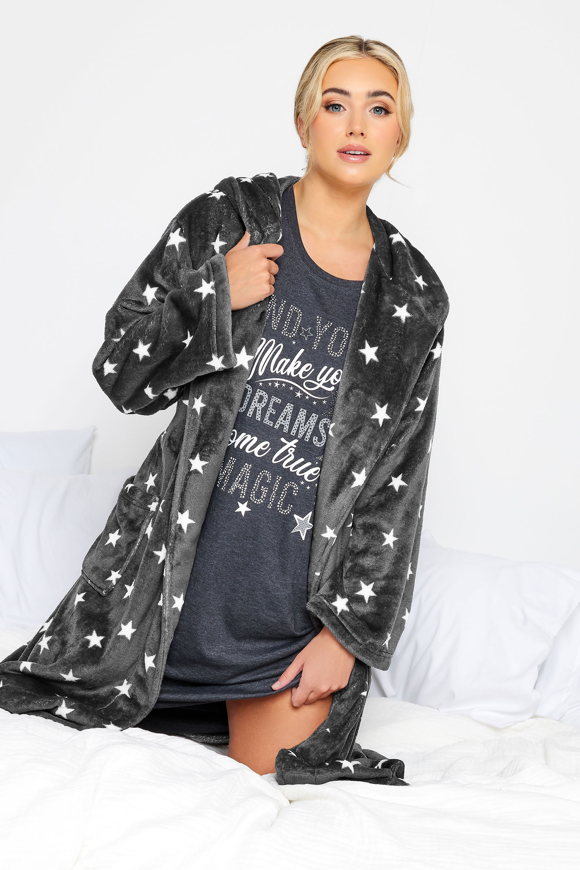 YOURS Curve Grey Star Print Dressing Gown | Yours Clothing 2
