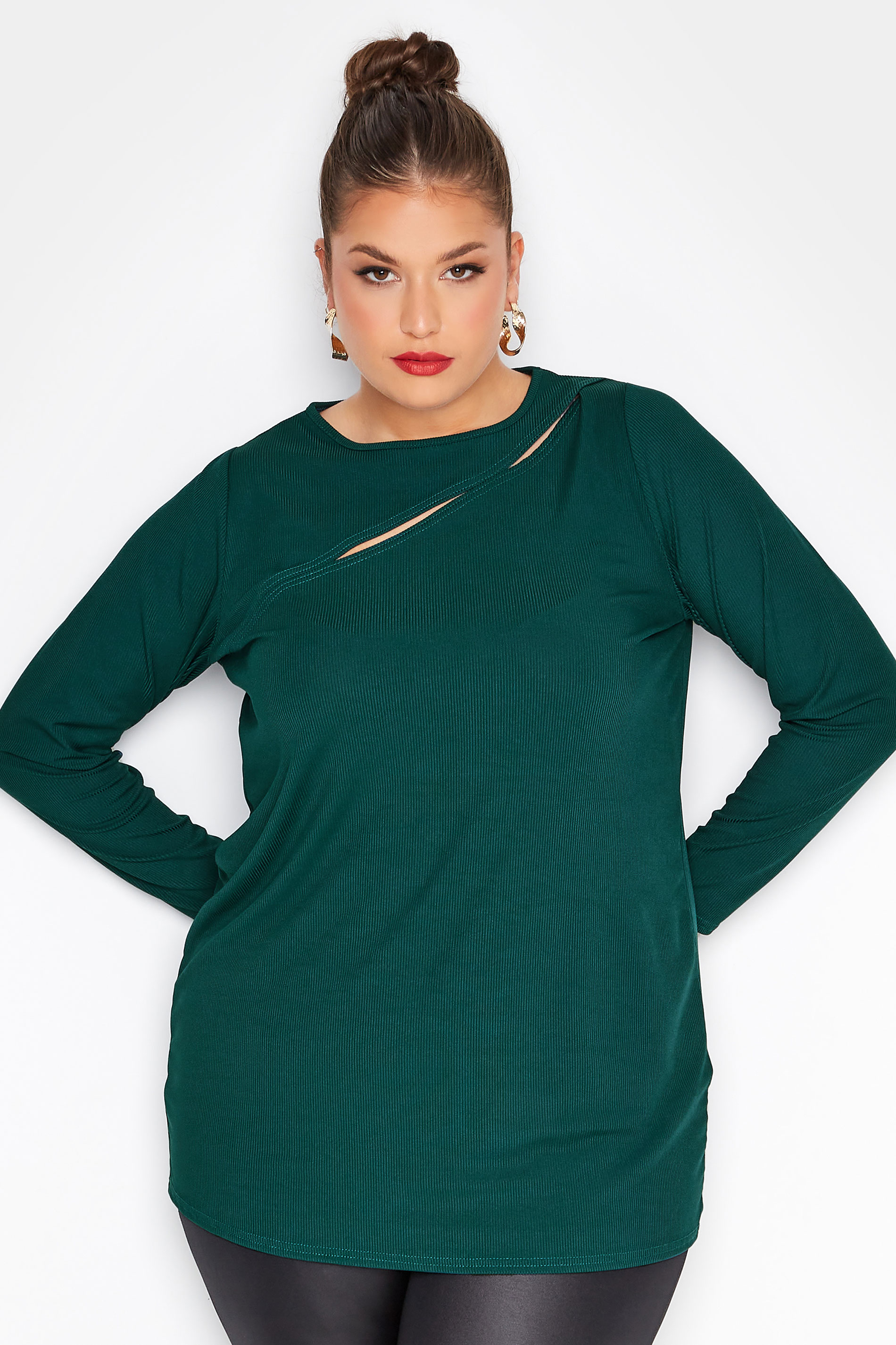 LIMITED COLLECTION Plus Size Green Ribbed Cut Out Top | Yours Clothing 1