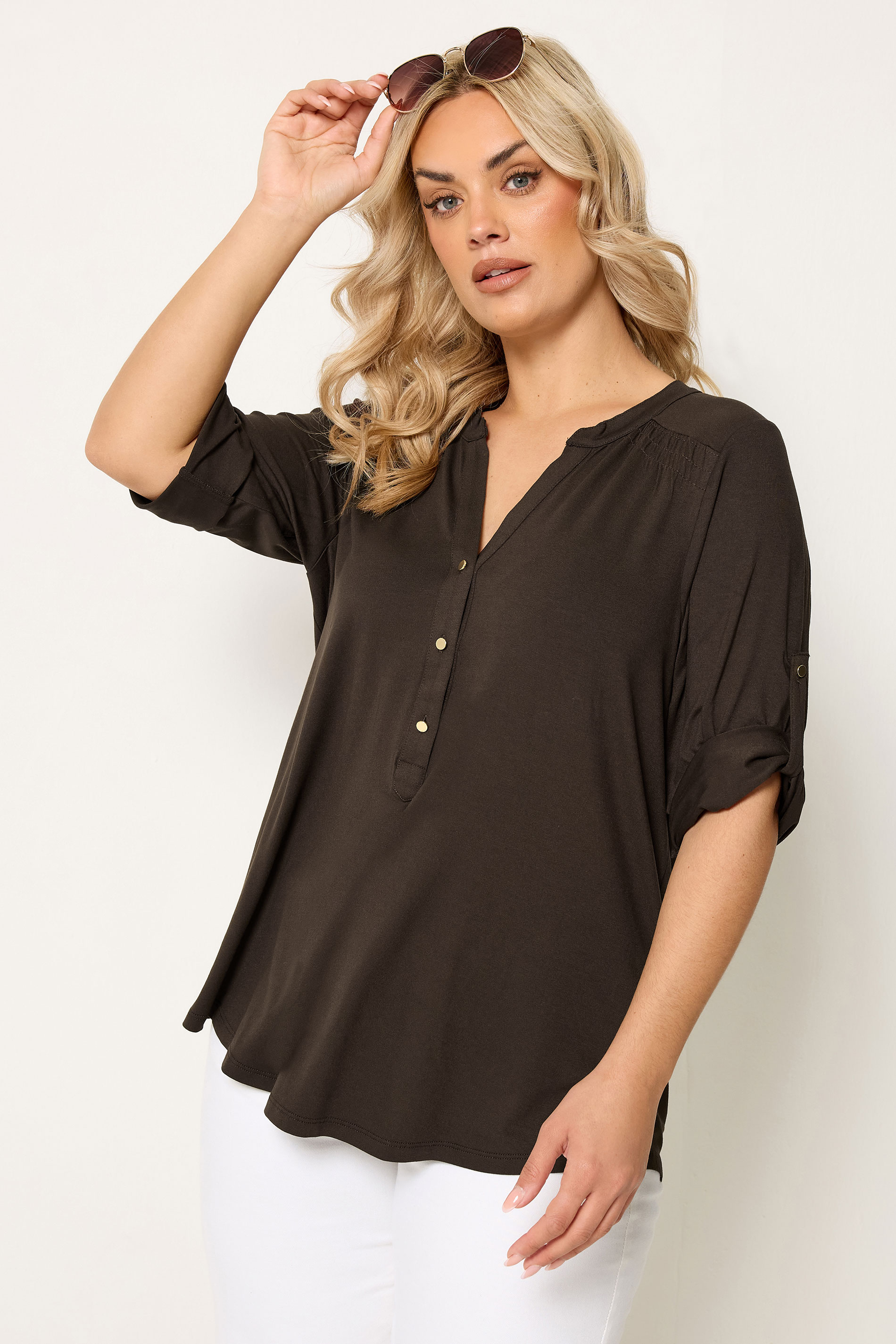 YOURS Plus Size Brown Placket Top | Yours Clothing 3