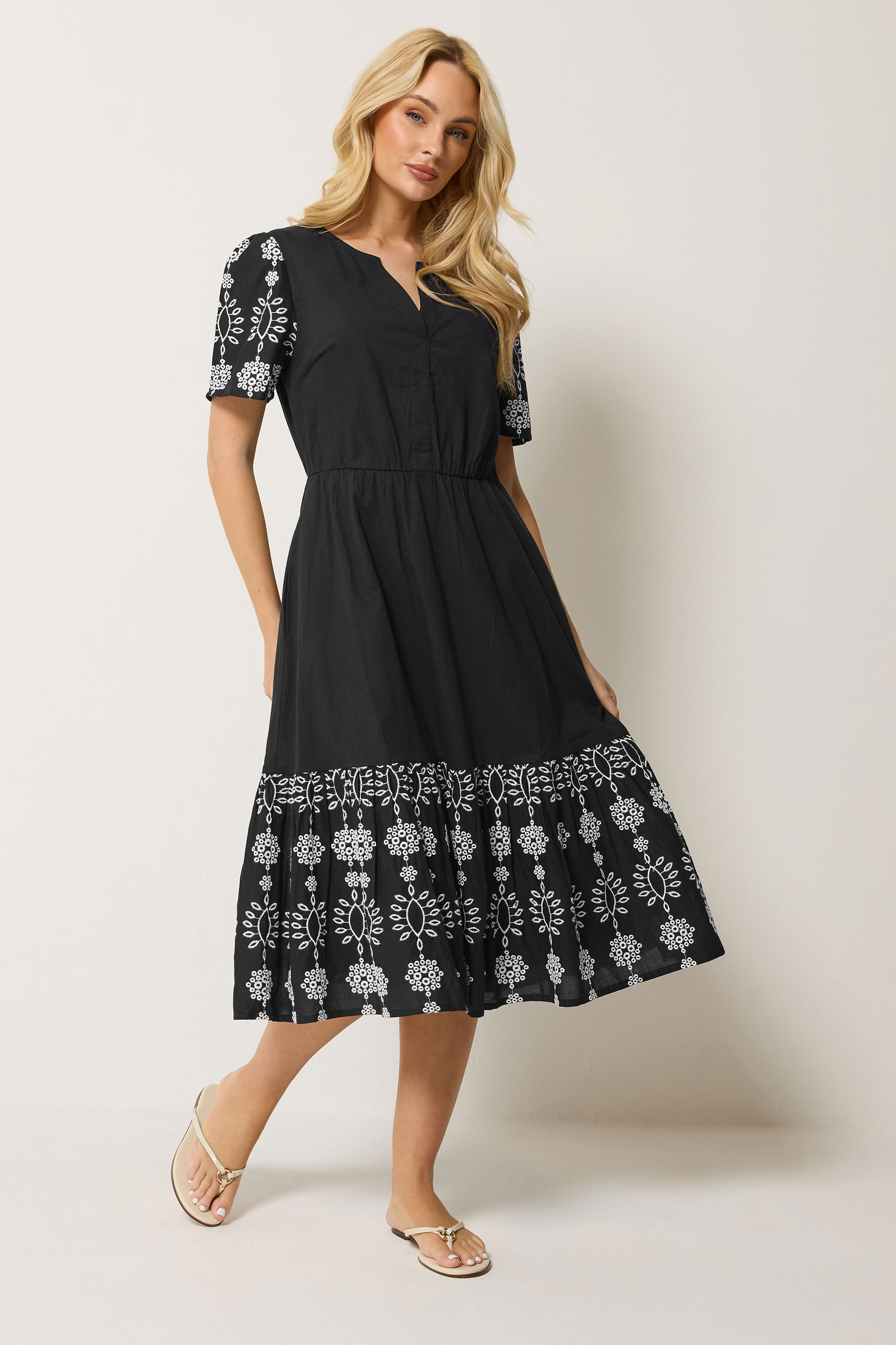 M&Co Black Notch Neck Cotton Embroidered Dress | M&Co 1