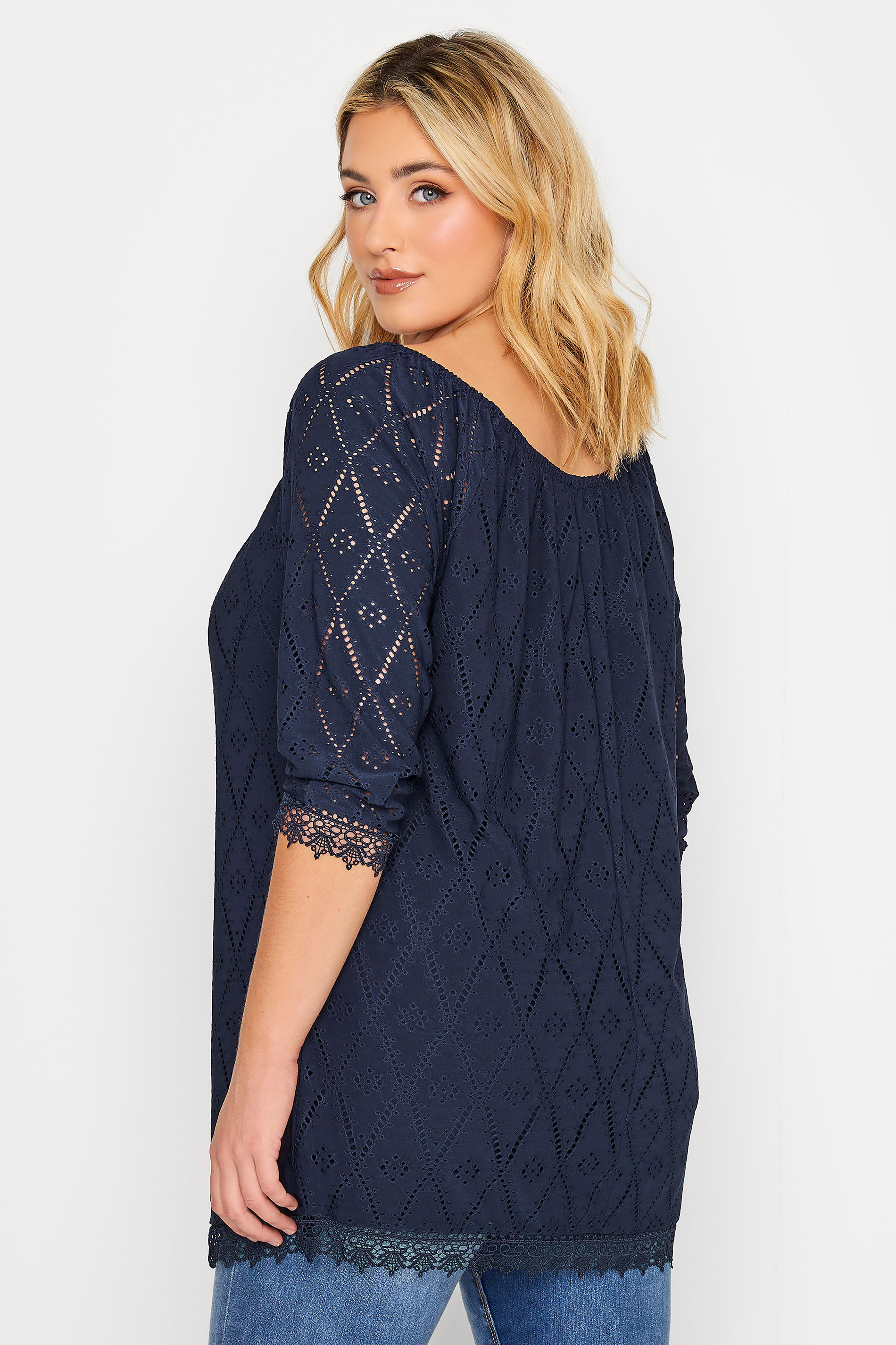YOURS Plus Size Navy Blue Pointelle Lace Trim Top | Yours Clothing 3