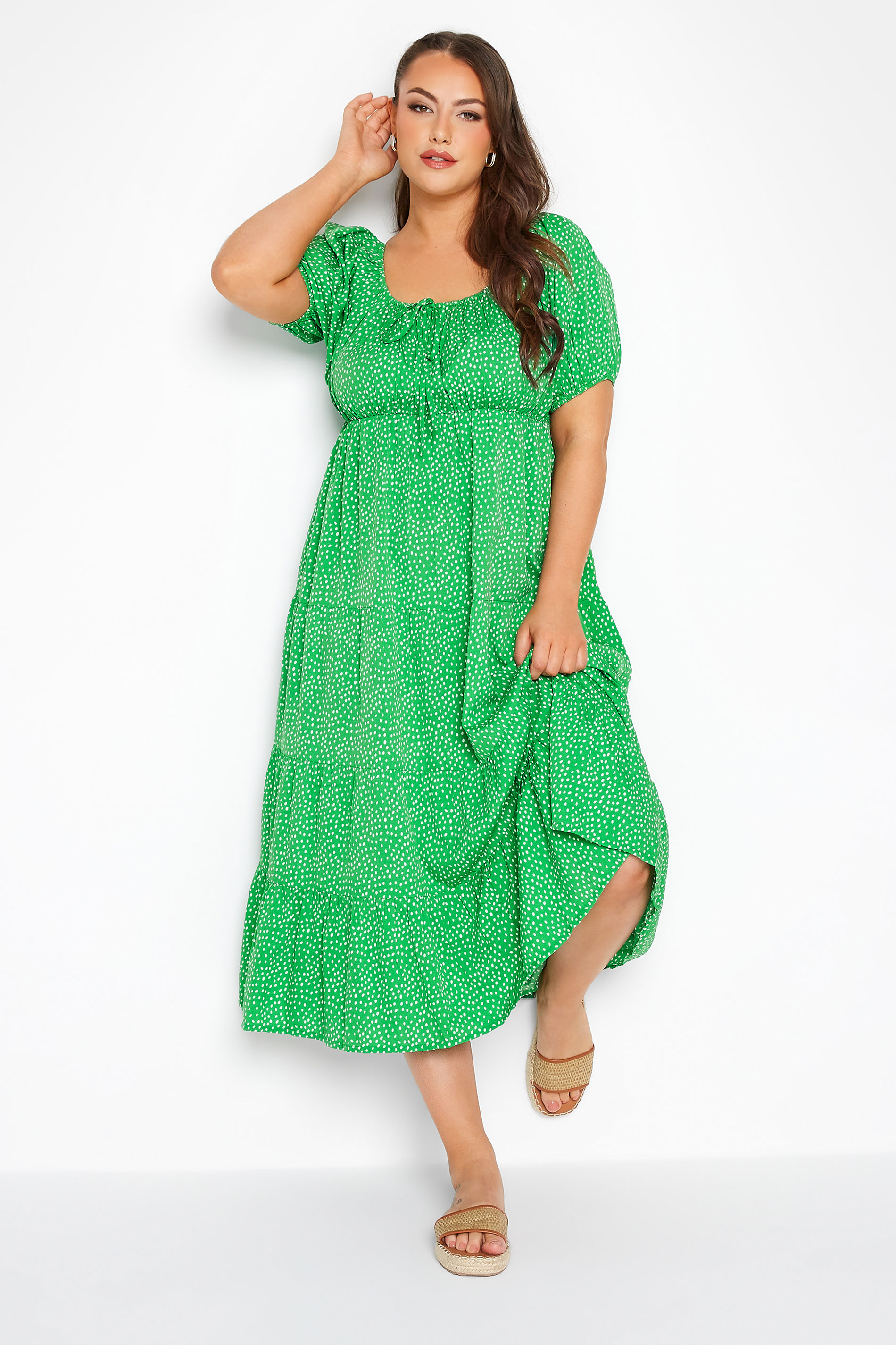 Robes Grande Taille Grande taille  Robes Mi-Longue | LIMITED COLLECTION Curve Green Spot Print Square Neck Dress - SA75672