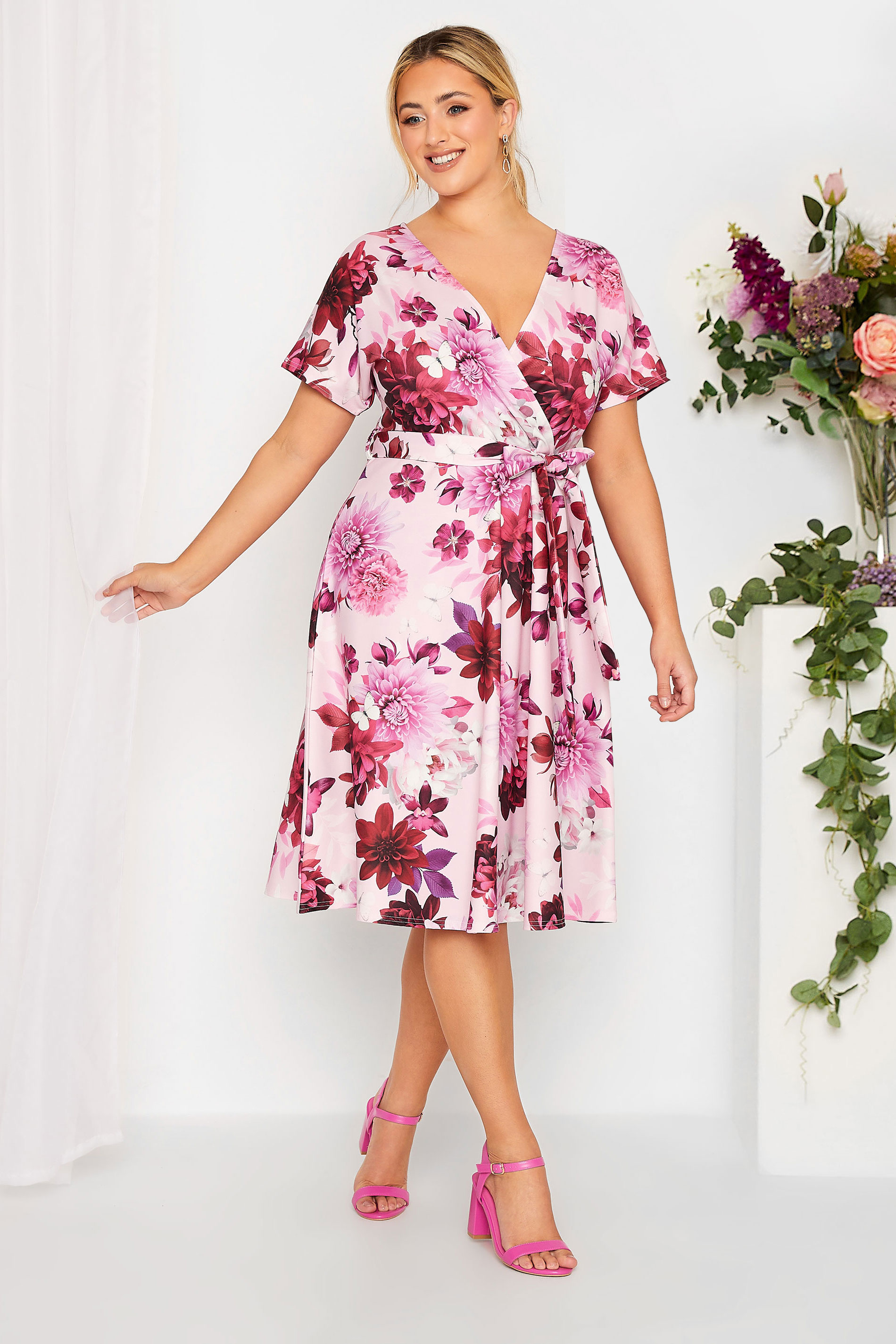 YOURS LONDON Curve Plus Size Pink & Red Floral Skater Wrap Dress