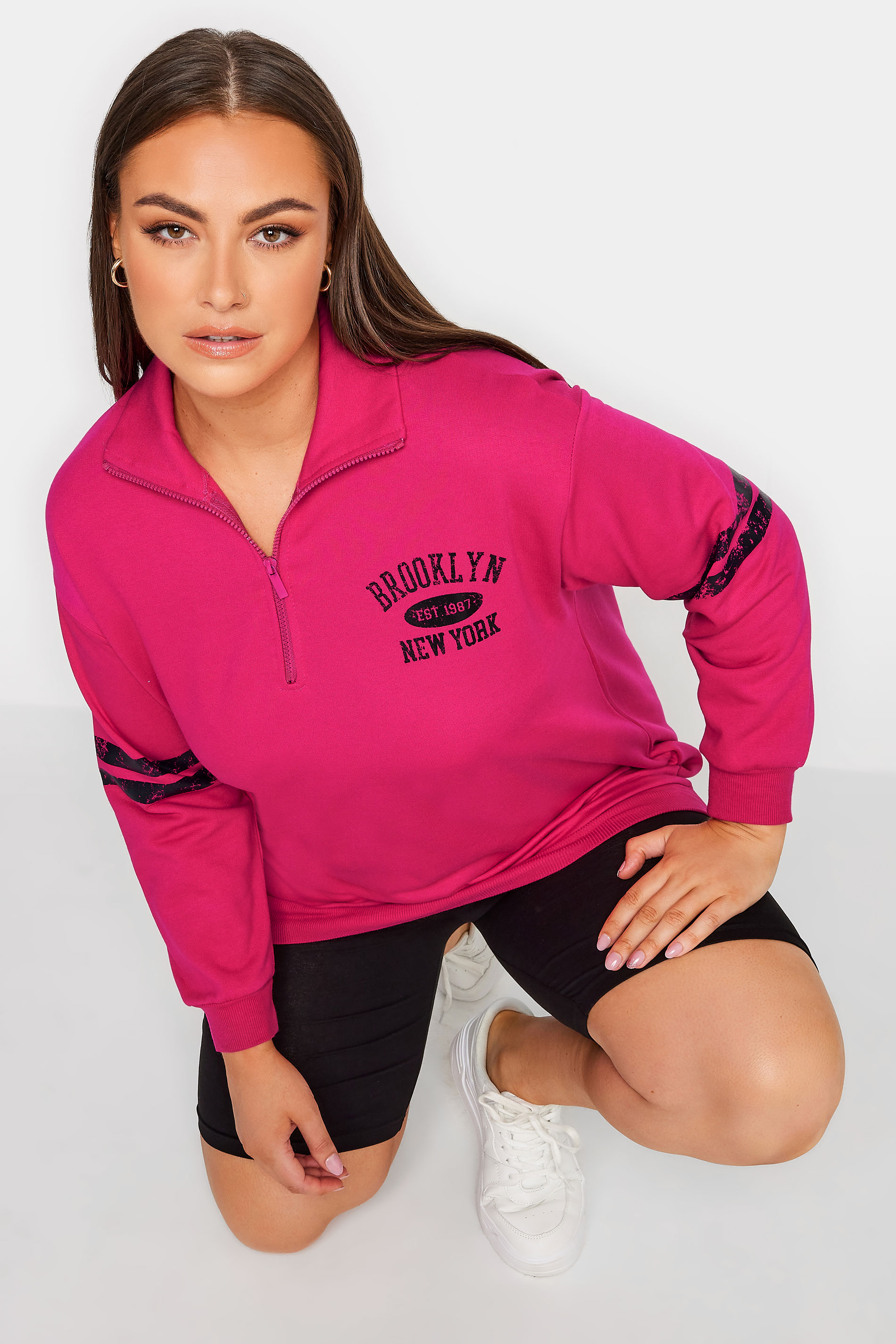 YOURS Plus Size Pink 'Brooklyn' Varsity Half Zip Sweatshirt | Yours Clothing 1