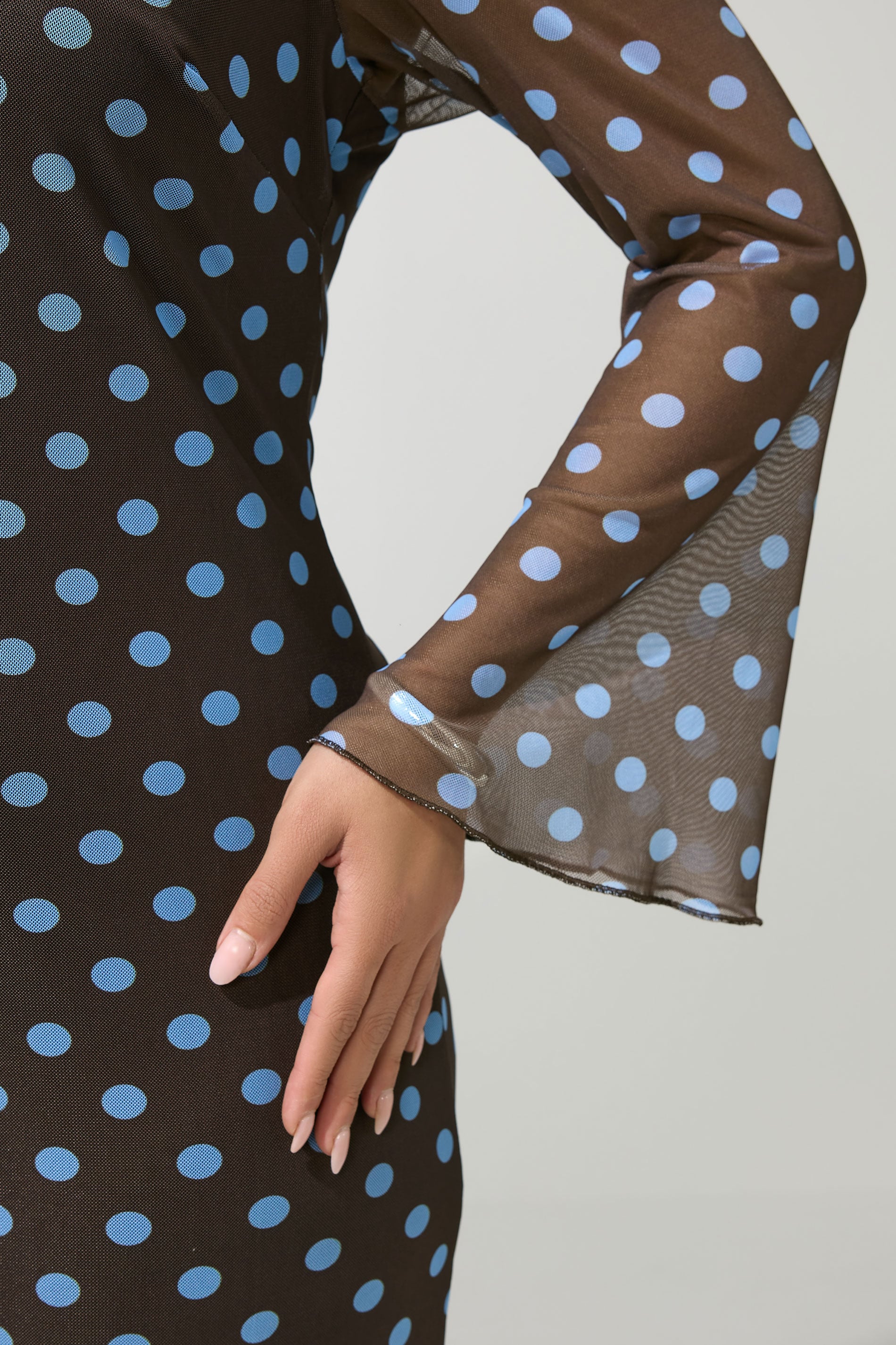 YOURS LONDON Plus Size Chocolate Brown & Blue Polka Dot Mesh Dress | Yours Clothing 4