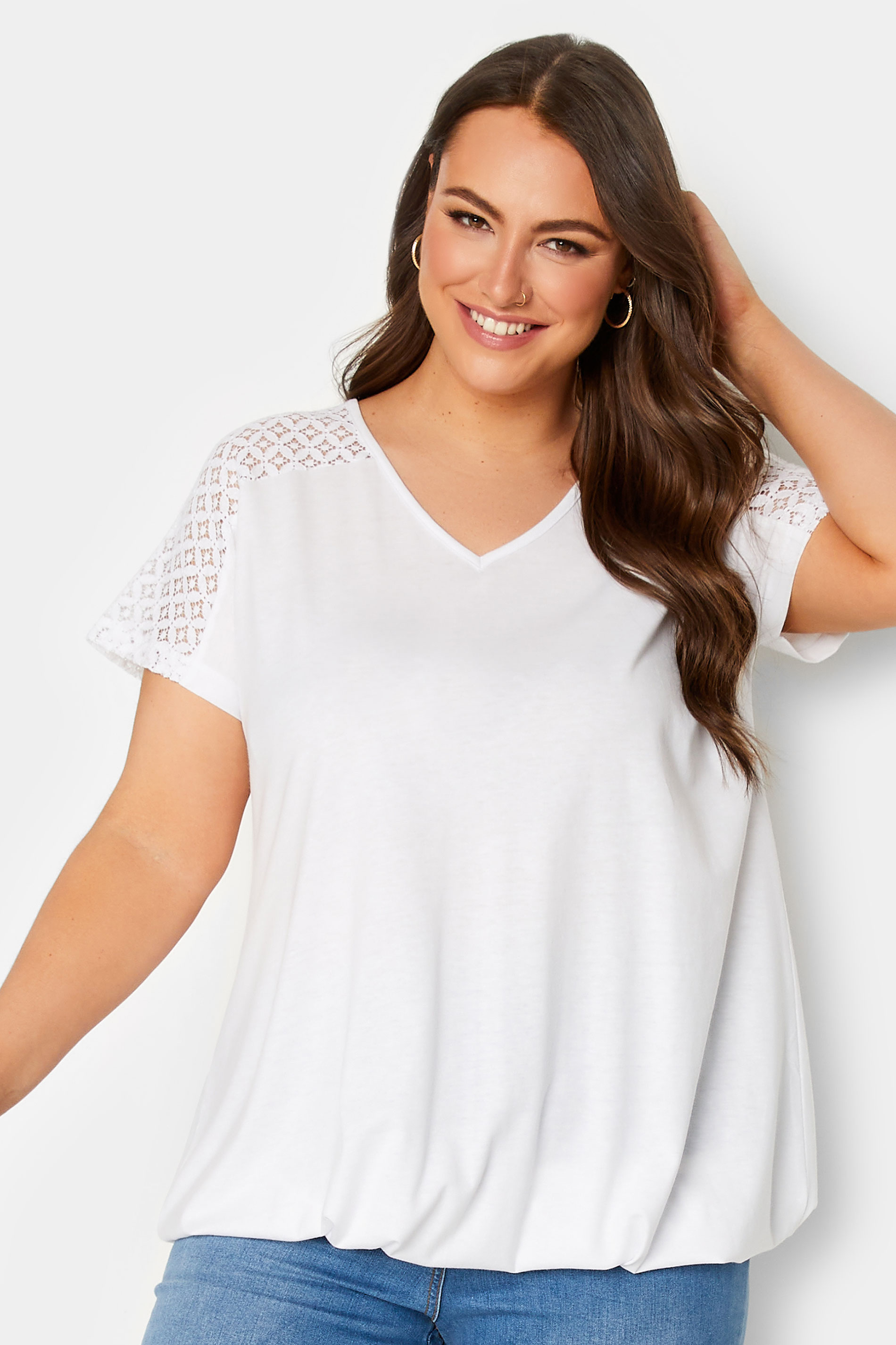 YOURS Plus Size White Lace Sleeve Bubble Hem T-Shirt | Yours Clothing 1