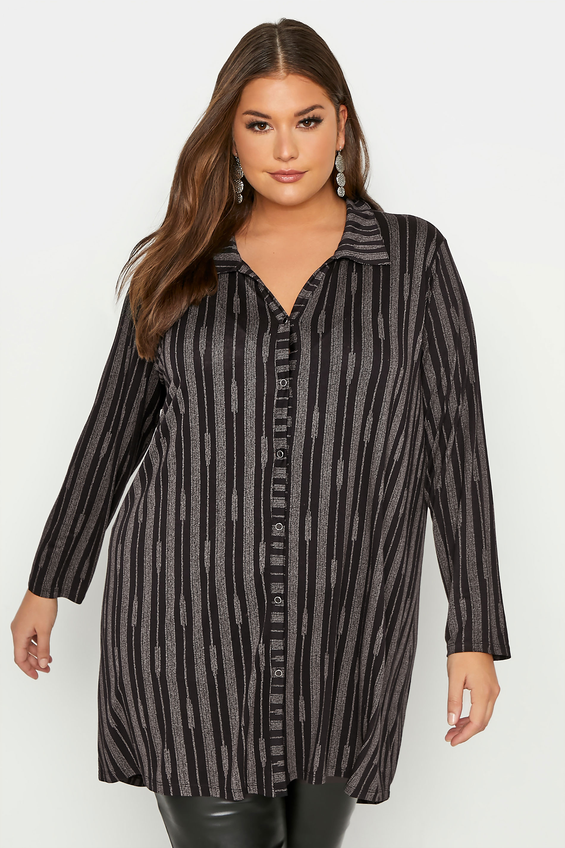 Plus Size Black Stripe Button Through Shirt | Yours Clothing  1