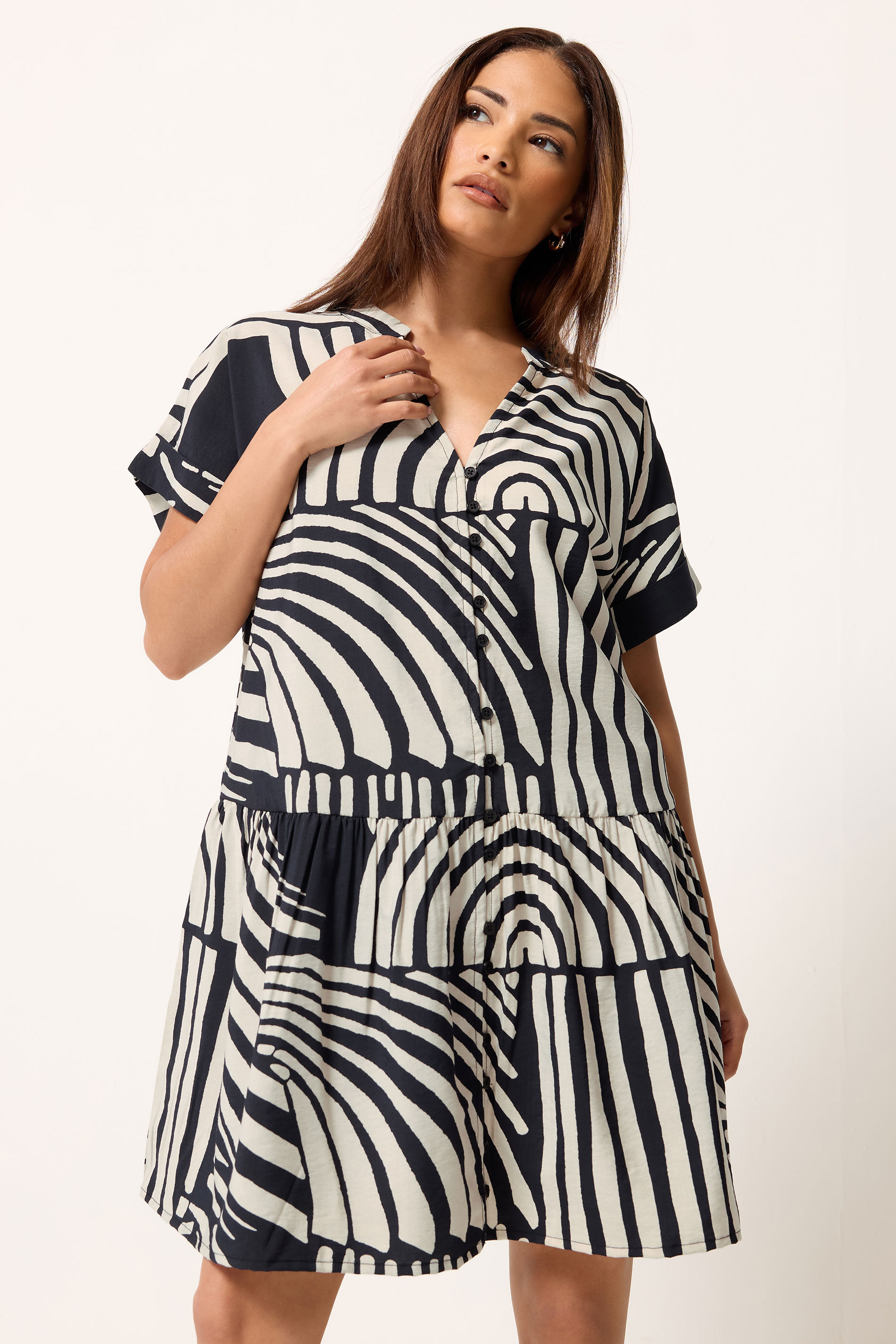 PixieGirl Petite Women's Black Abstract Button Shirt Mini Dress | PixieGirl 1