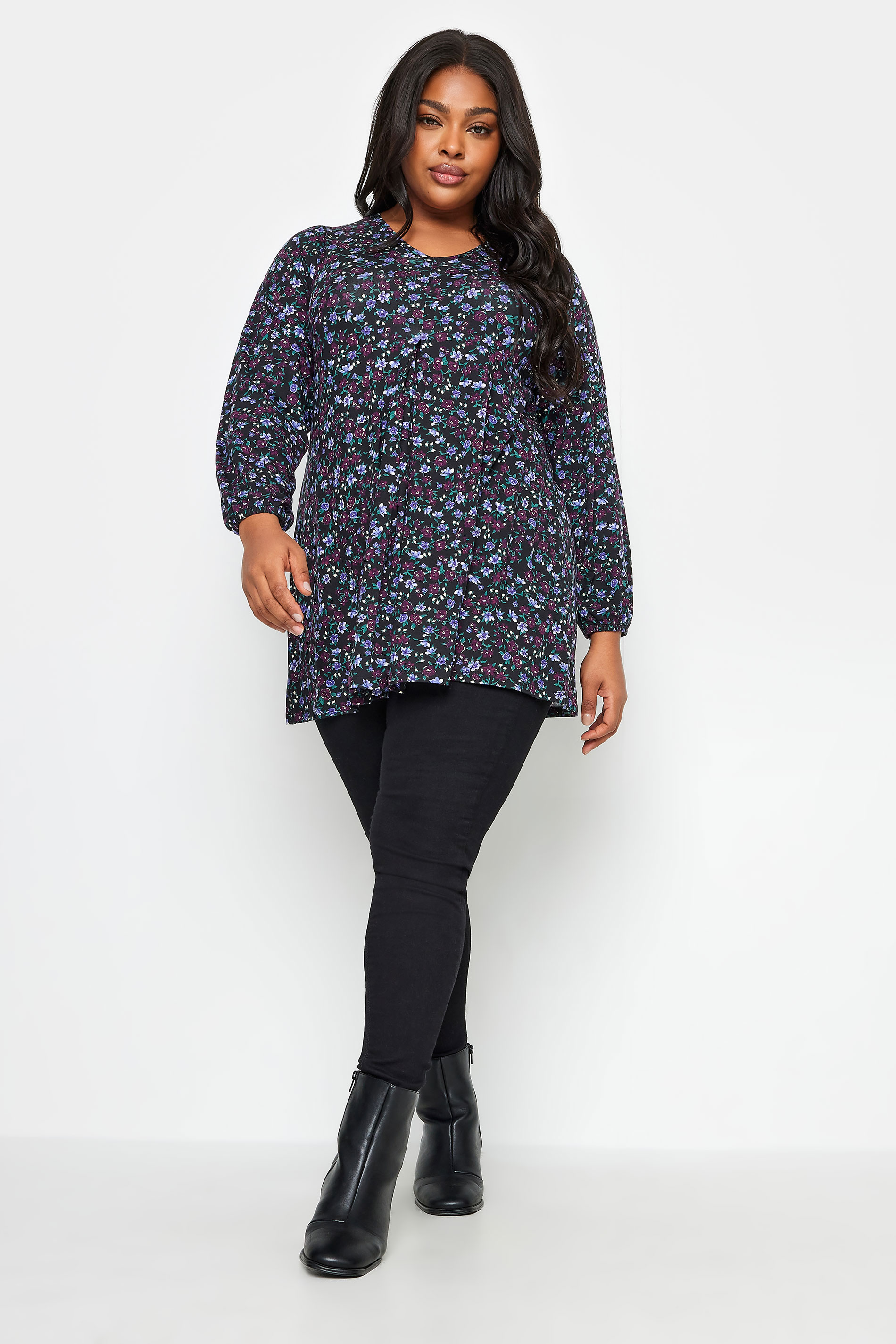 YOURS Plus Size Purple Floral Print Long Sleeve Swing Top | Yours Clothing 2