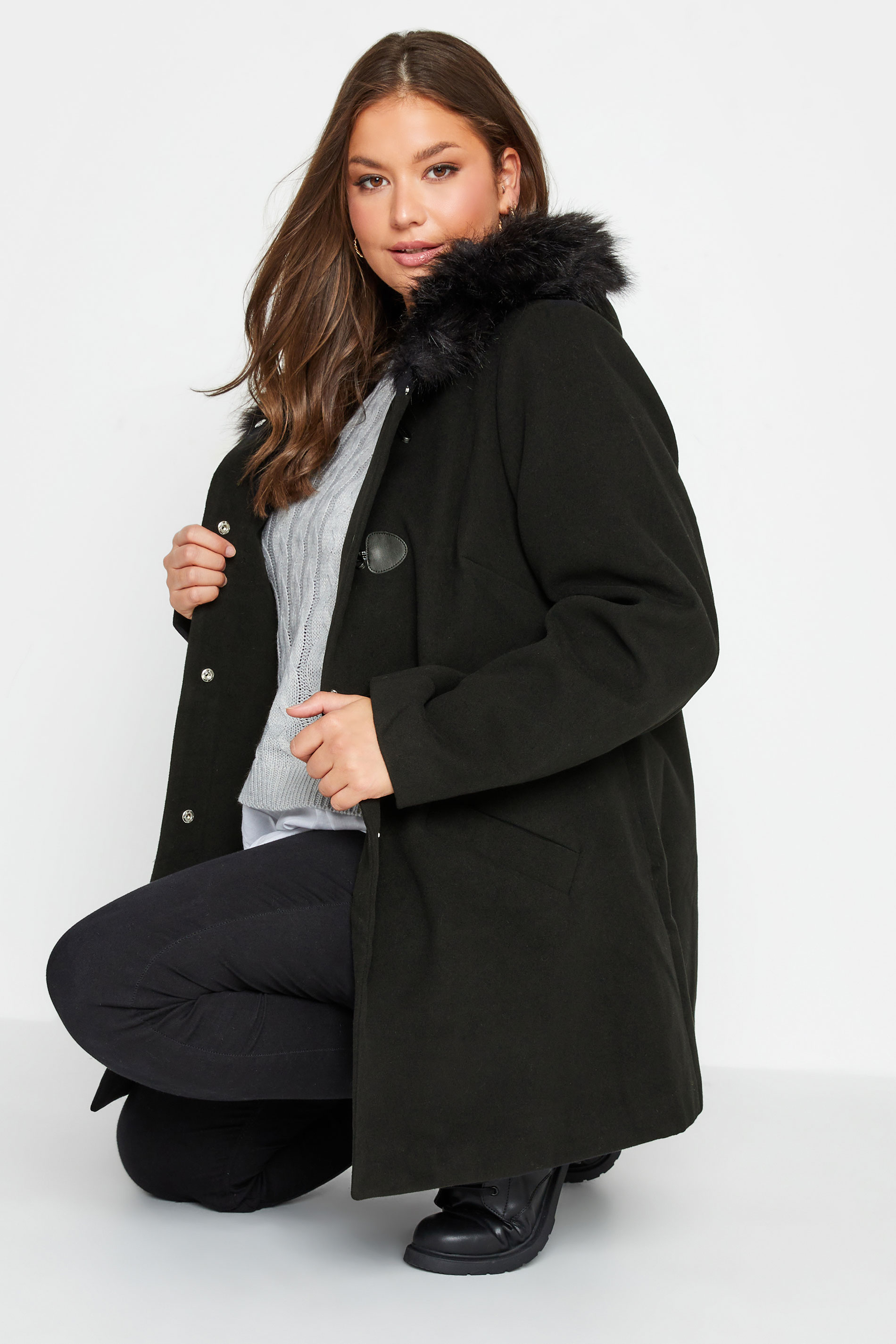 Plus Size Black Faux Fur Trim Duffle Coat | Yours Clothing 1
