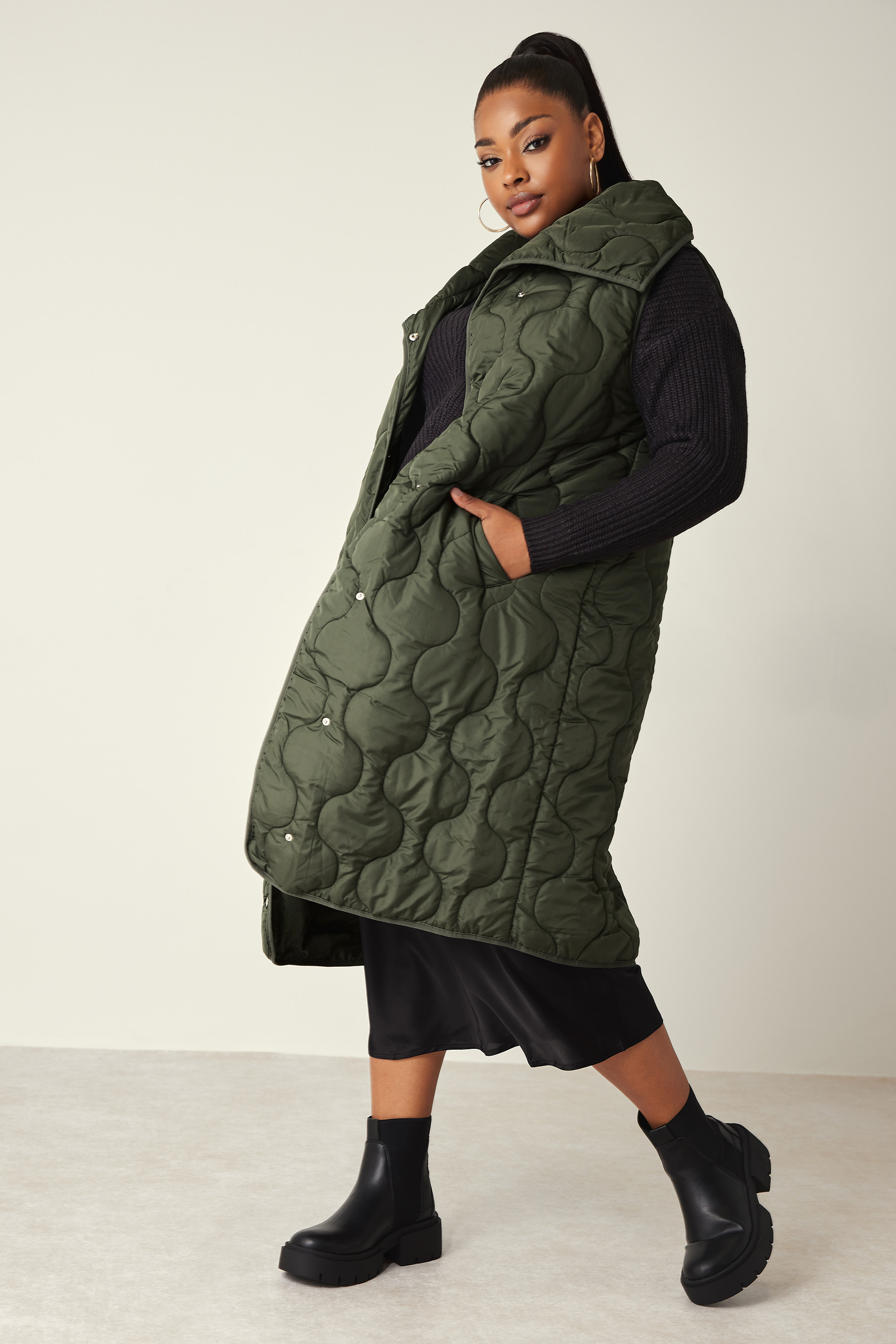 YOURS Plus Size Olive Green Funnel Neck Quilted Longline Gilet | Yours Clothing 1