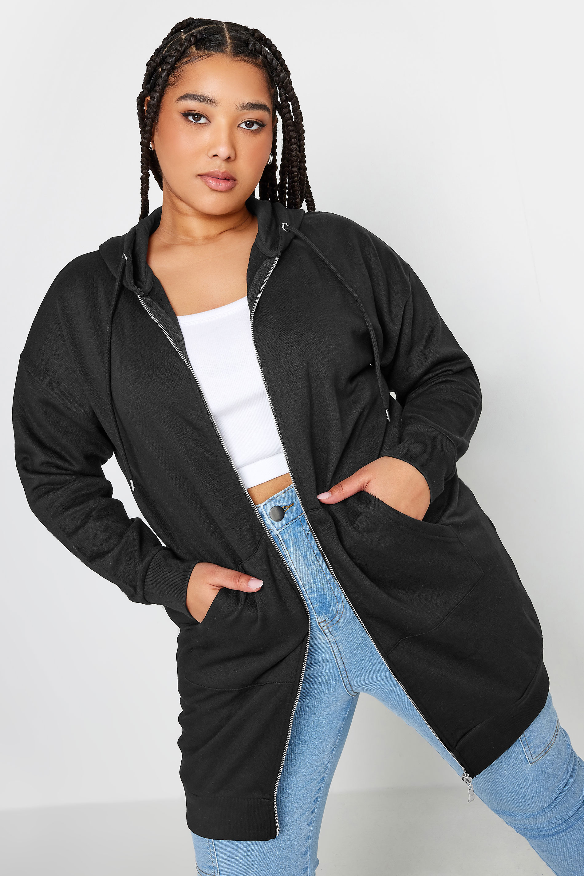 YOURS Plus Size Black Longline Zip Hoodie | Yours Clothing 1