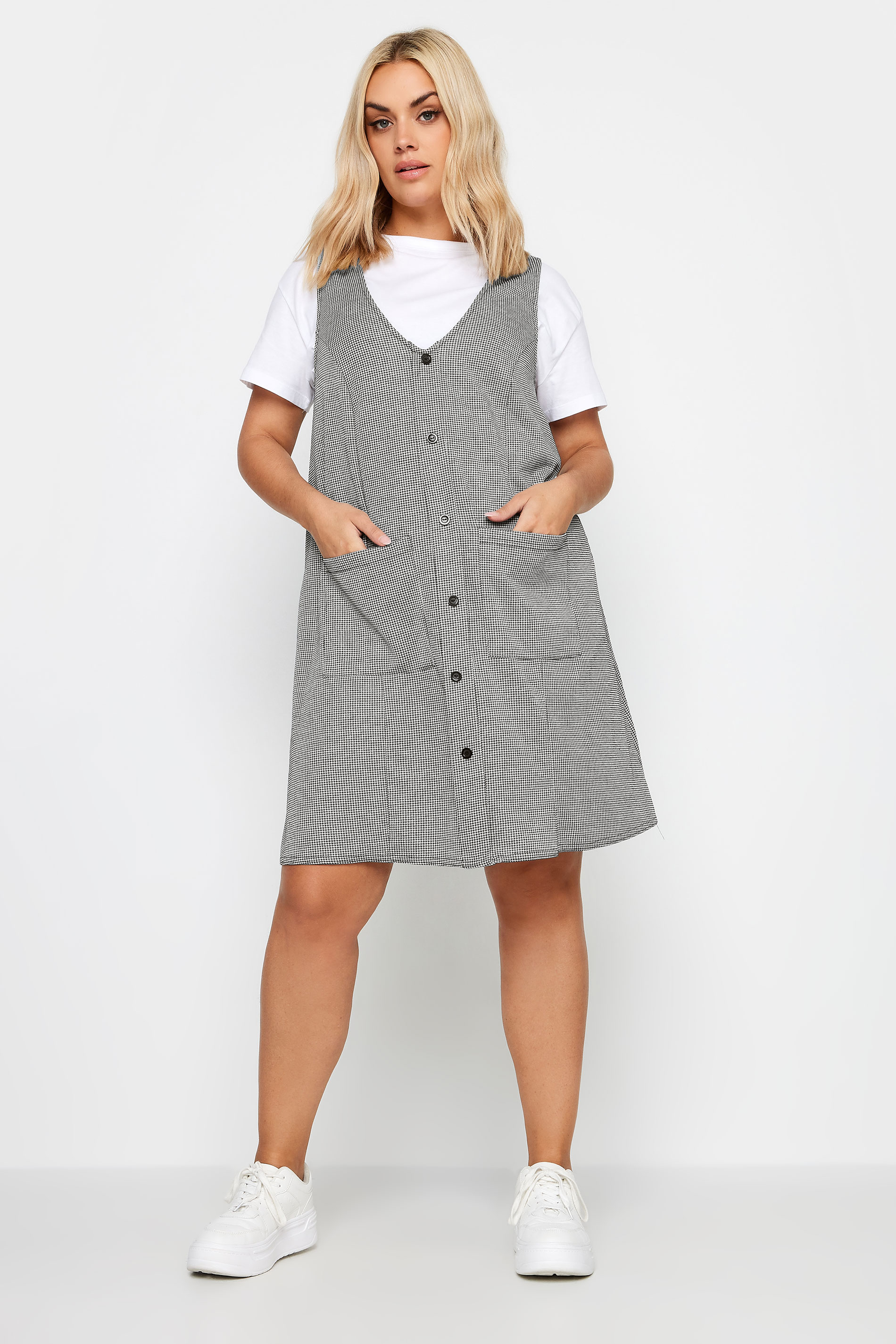 YOURS Curve Grey Check Print Button Through Pinafore Dress | Yours Clothing 2
