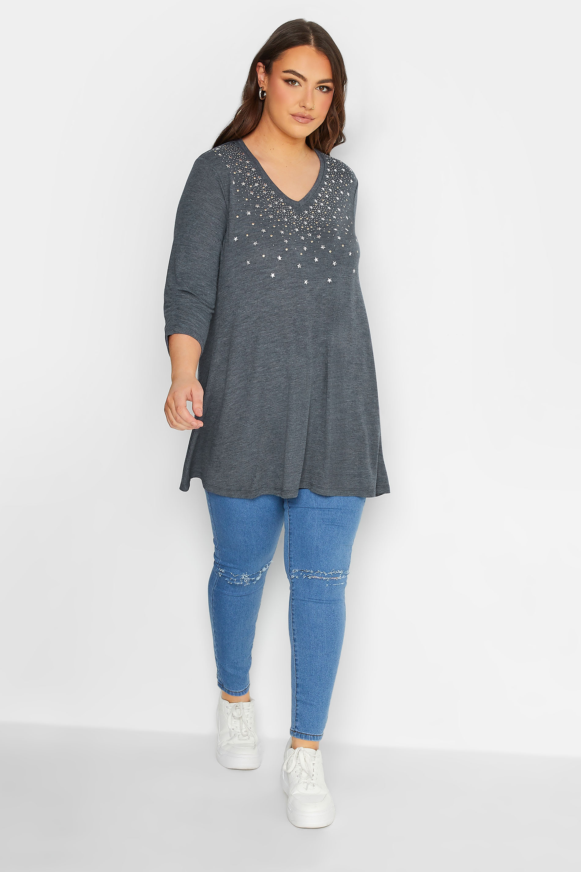 YOURS Plus Size Blue Star Embellished Jersey Top | Yours Clothing 2