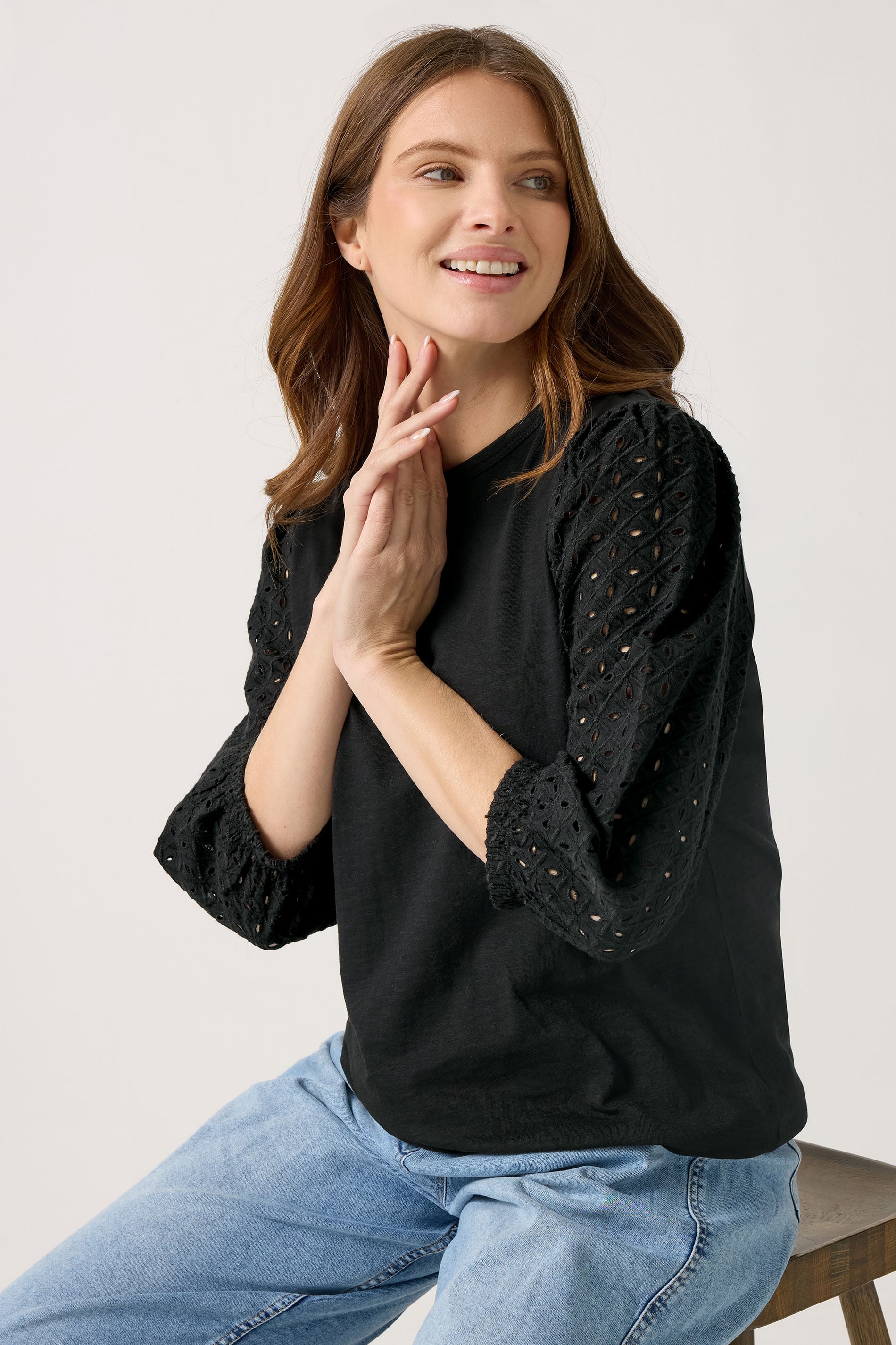 M&Co Black Broderie Cotton Puff Sleeve Top | M&Co 3
